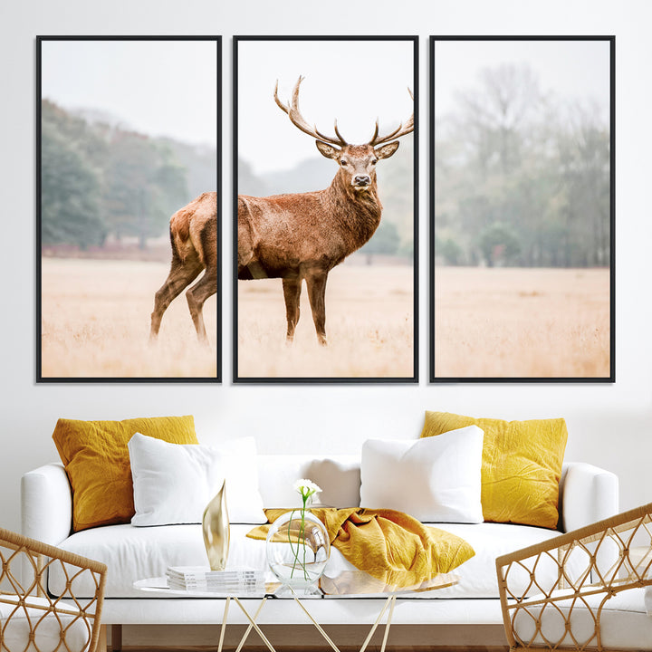Vintage Wildlife Canvas Print, Framed Misty Landscape Art Picture Print, Deer Wall Art Perfect Rustic Wildlife Decor Artwork