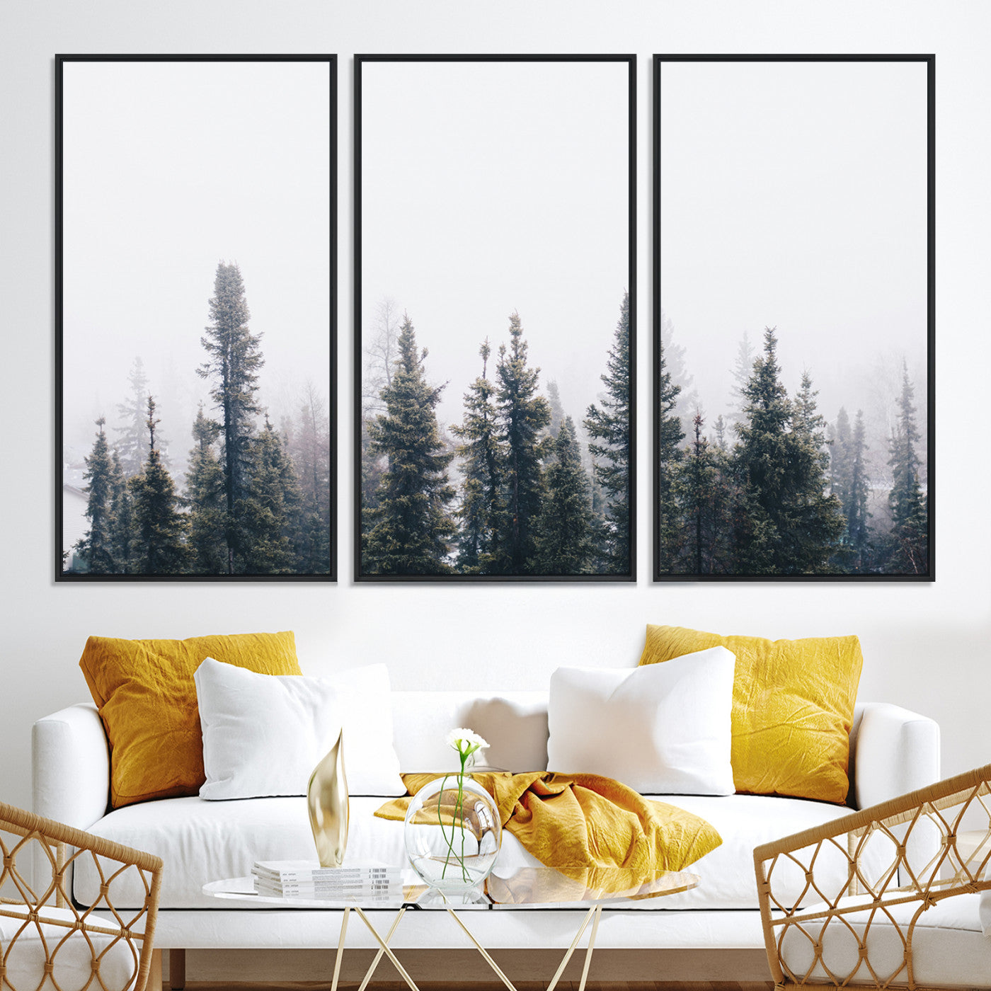 42364796-MGV-CV-36X24-Foggy Forest Wall Art Canvas Print, Framed Misty Pines Art Picture Print, Moody Woodland Perfect Scandinavian Minimalist Decor Artwork