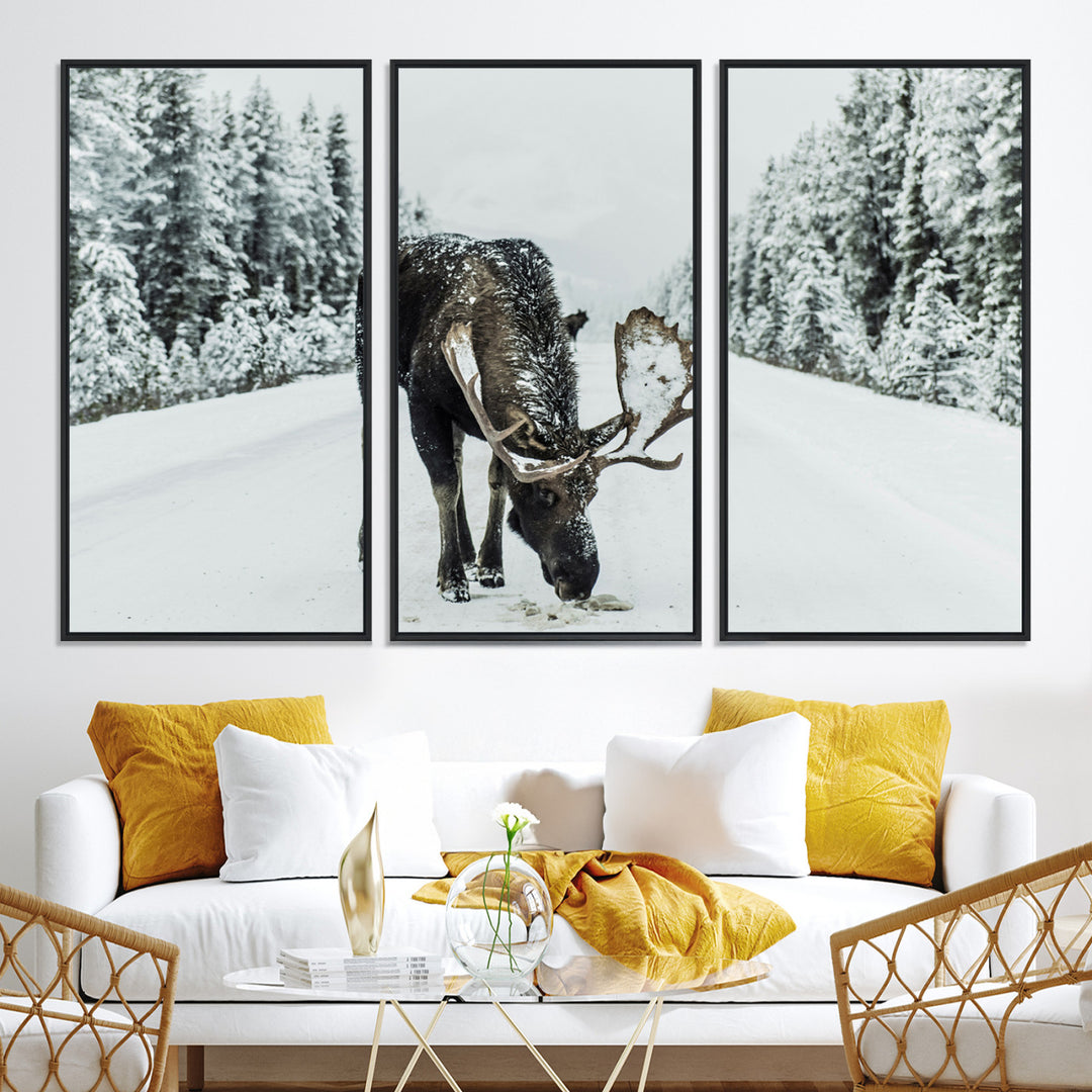 Moose in Snow Wall Art Canvas Print, Framed Winter Wildlife Art Picture Print, Snowy Forest Scene Perfect Rustic Lodge Decor Artwork