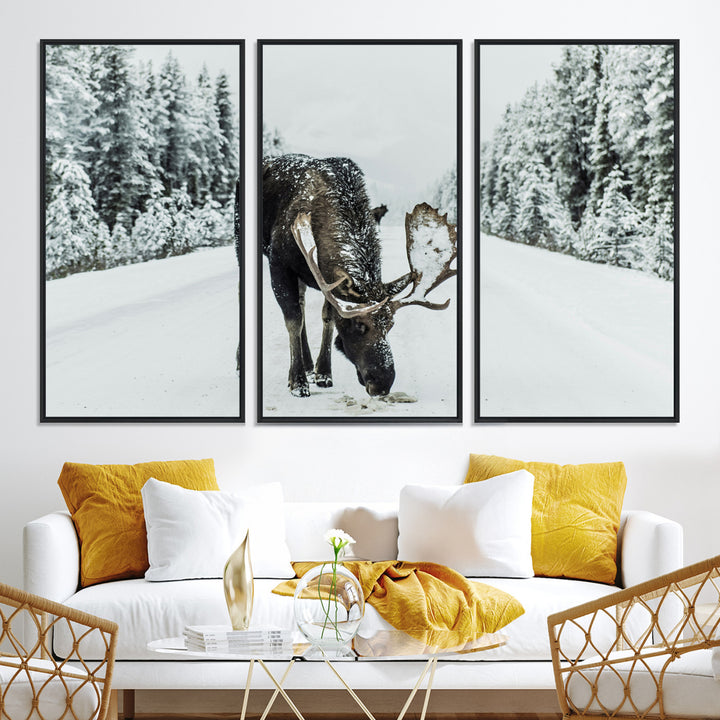 Moose in Snow Wall Art Canvas Print, Framed Winter Wildlife Art Picture Print, Snowy Forest Scene Perfect Rustic Lodge Decor Artwork