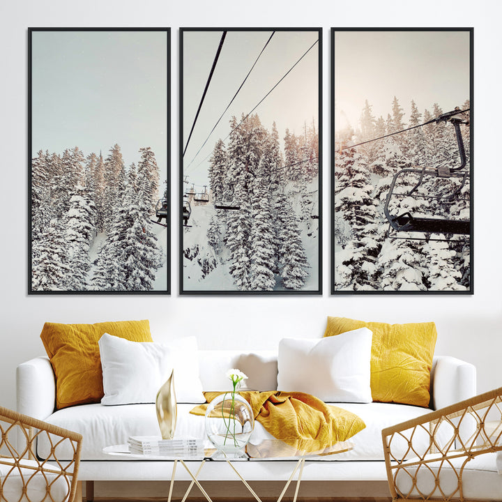 91534512-MGV-CV-36X24-Frosty Pines Wall Art Canvas Print, Framed Cozy Cabin View Art Picture Print, Ski Lift Ride Perfect Rustic Lodge Decor Artwork