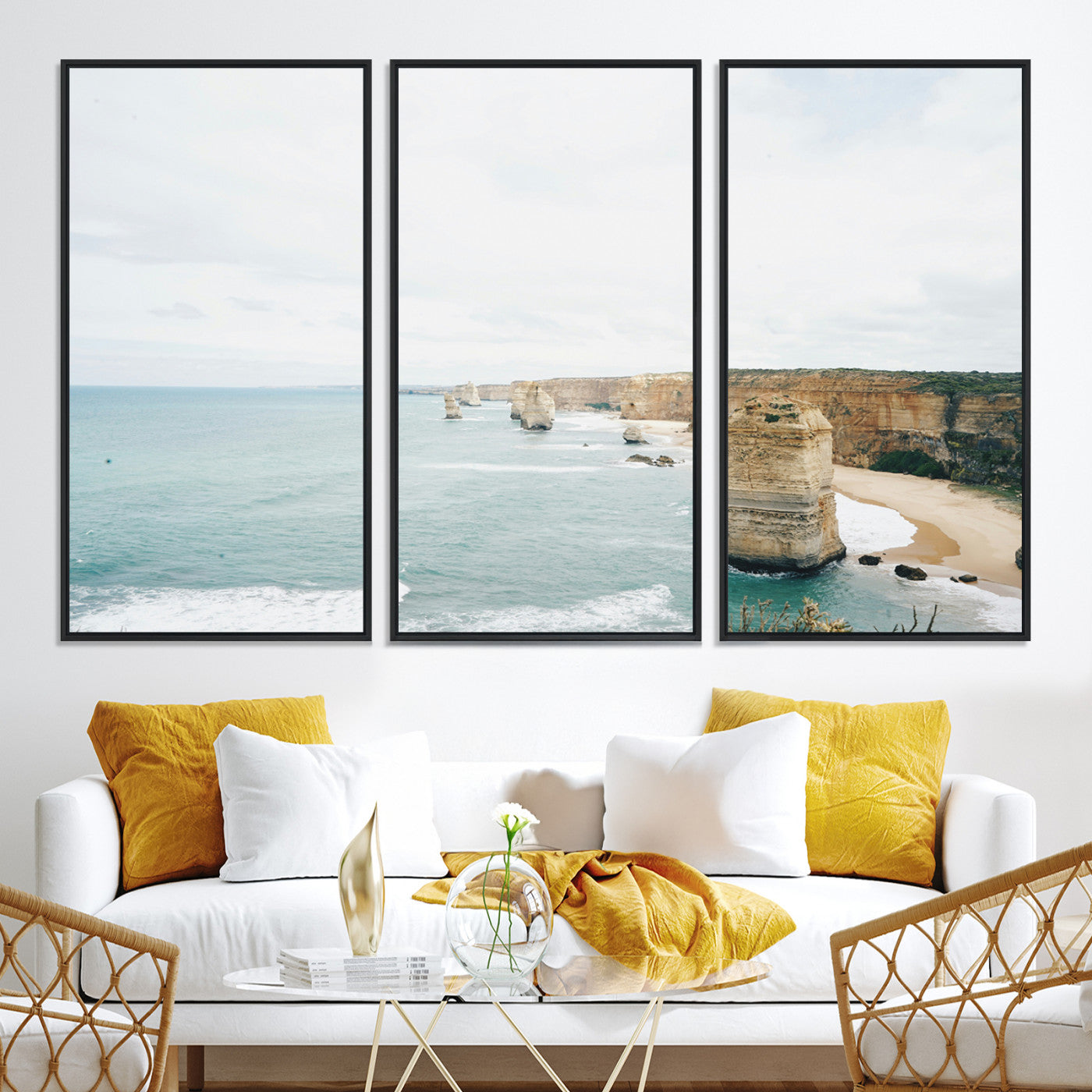 70095633-MGV-CV-36X24-Twelve Apostles Wall Art Canvas Print, Framed Coastal Cliffs Art Picture Print, Rugged Rock Formations Perfect Minimalist Coastal Decor