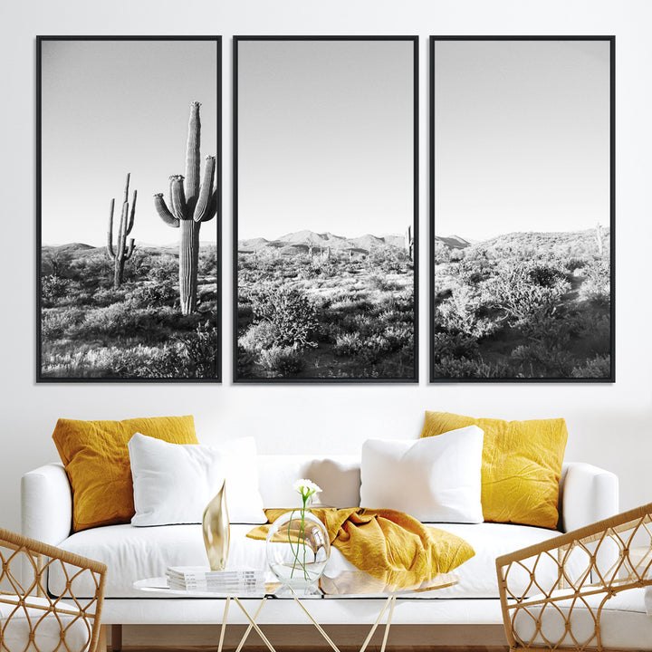 Saguaro Cactus Wall Art Canvas Print, Monochrome Landscape Print, Framed Scenic Arizona Art Print, Large Timeless Western Aesthetic Printing