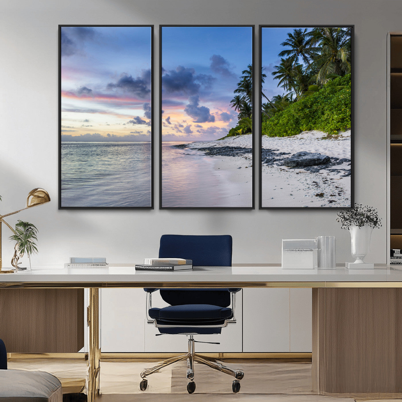 MGV-FC-48X32-3P - Tropical Beach Wall Art Canvas Print, Framed Sunset Glow Art Picture Print, Palm Tree Coast Perfect Tropical Coastal Decor Artwork