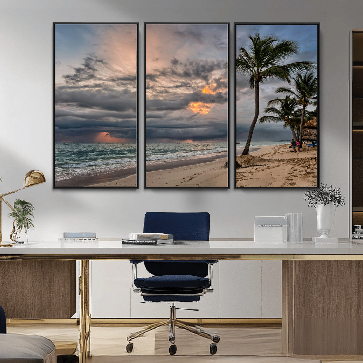 MGV-FC-48X32-3P - Tropical Storm Wall Art Canvas Print, Framed Moody Beach Art Picture Print, Dramatic Sky Perfect Tropical Coastal Decor Artwork