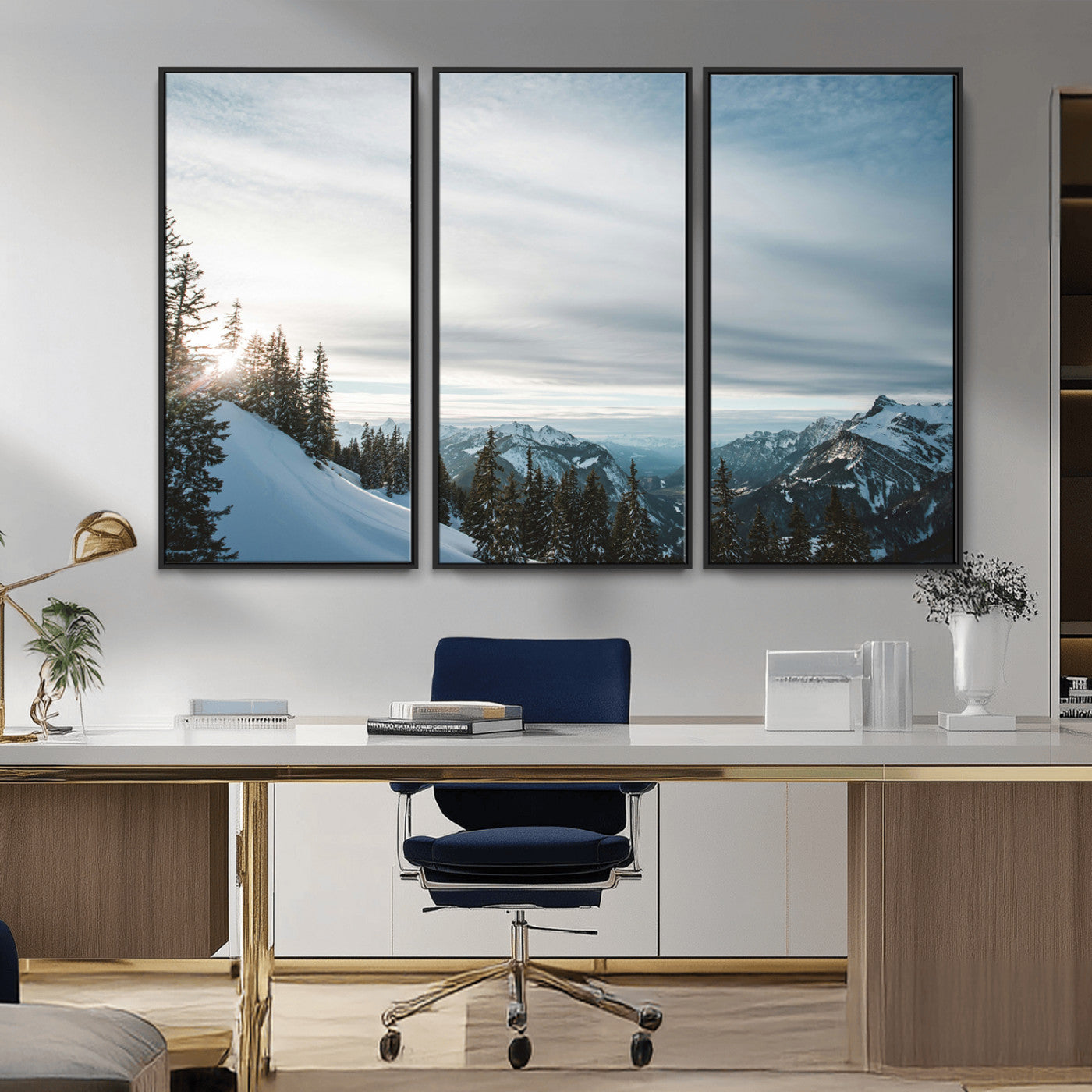 MGV-FC-48X32-3P - Snowy Mountains Wall Art Canvas Print, Framed Alpine Landscape Art Picture Print, Frosty Peaks Perfect Nordic Minimalist Decor Artwork