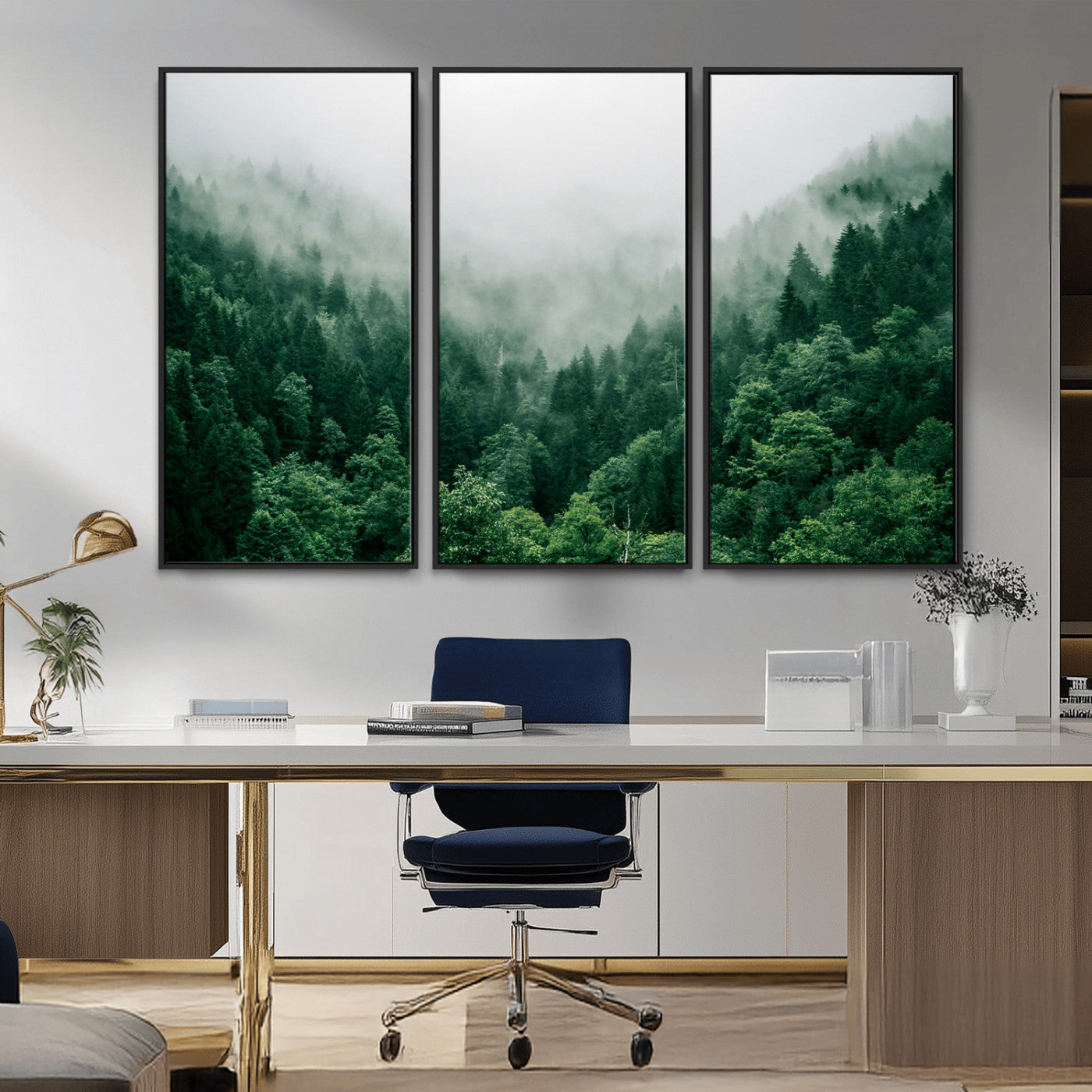 MGV-FC-48X32-3P - Misty Green Forest Canvas Print – Serene Foggy Pine Landscape Wall Art, Tranquil Nature Decor for