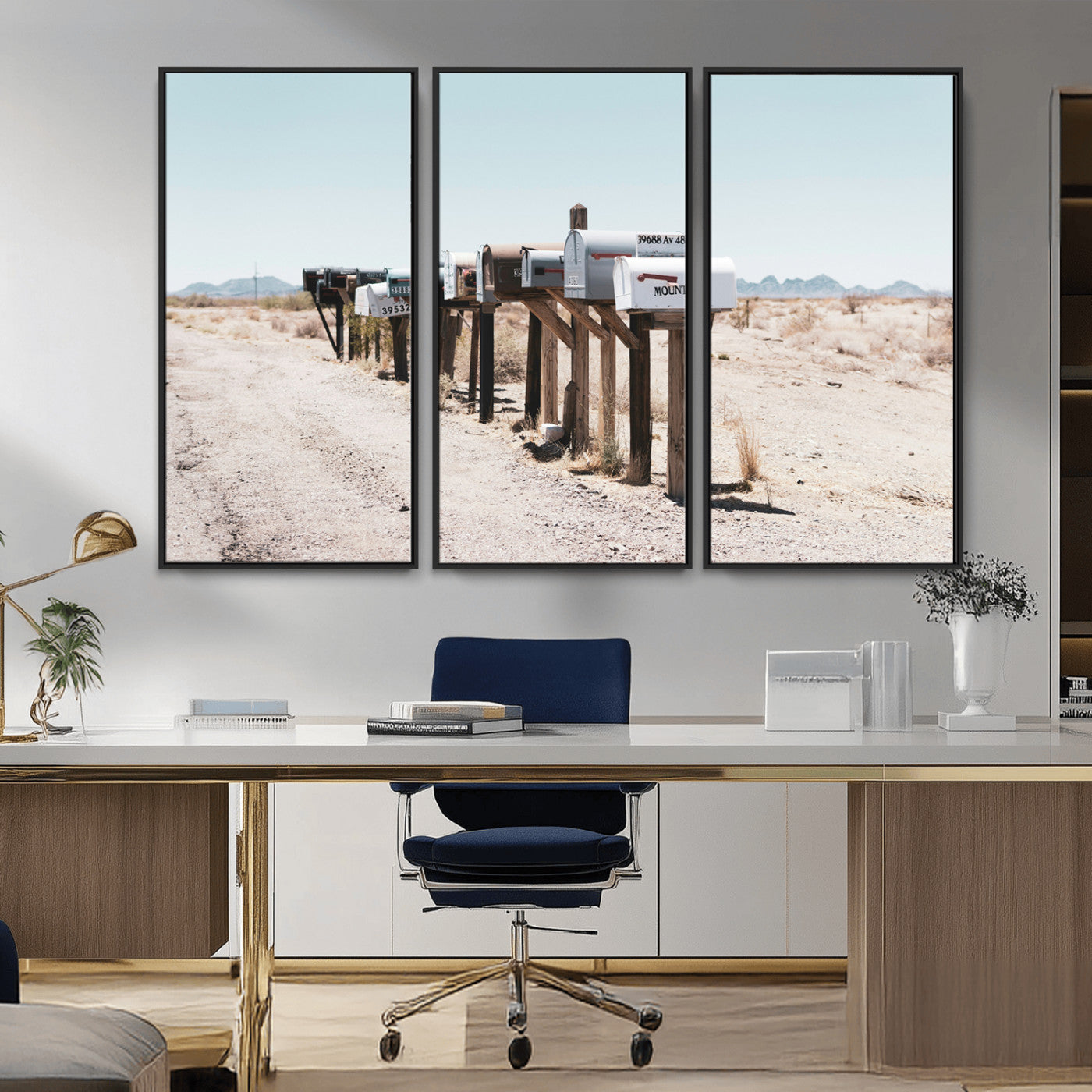 MGV-FC-48X32-3P - Desert Mailboxes Canvas Print – Minimal Western Landscape Photography, Rustic Americana Wall Art for