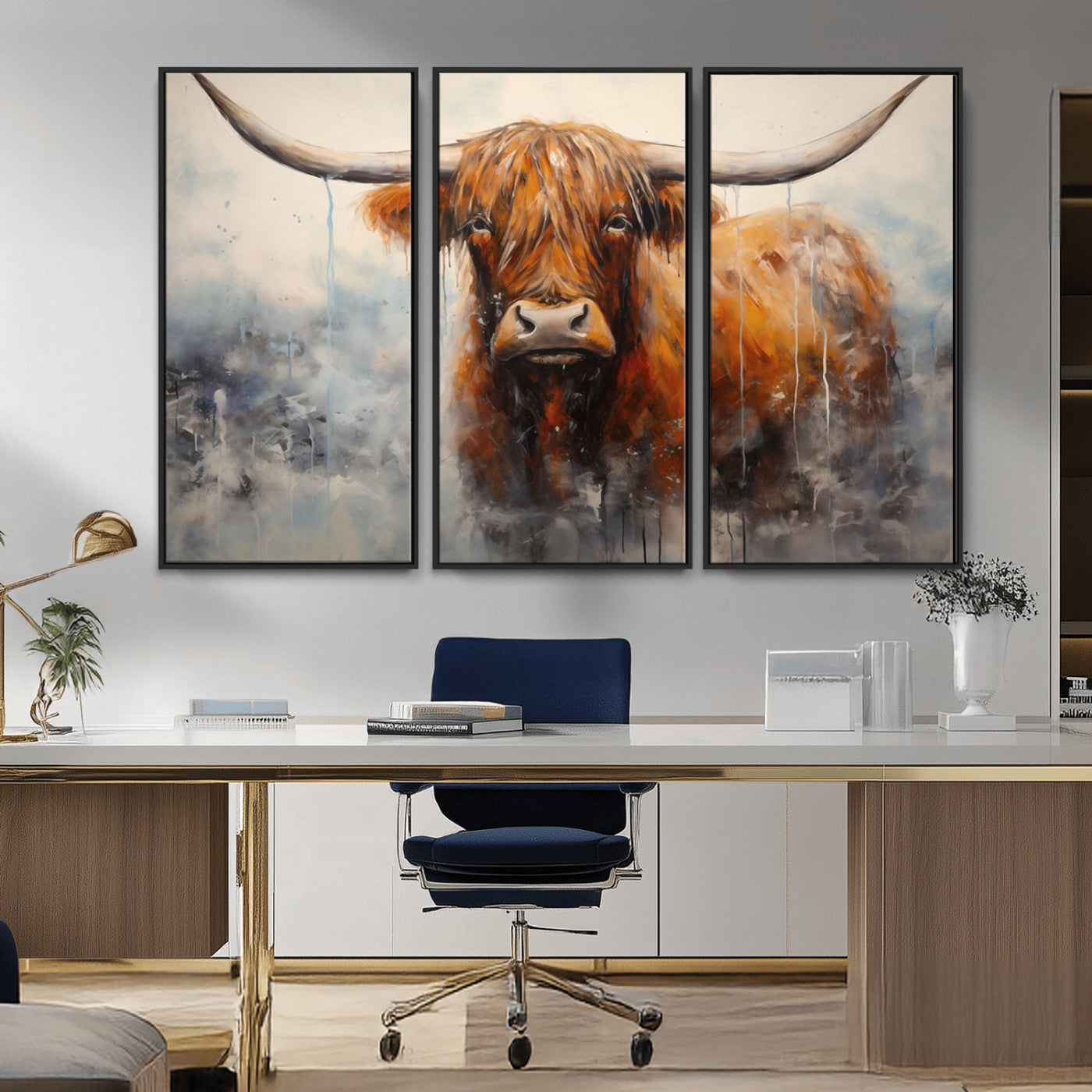 MGV-FC-48X32-3P - Scottish Highland Wall Art Canvas Print, Framed Longhorn Art Picture Print, Western Cow Perfect Farmhouse Decor Artwork