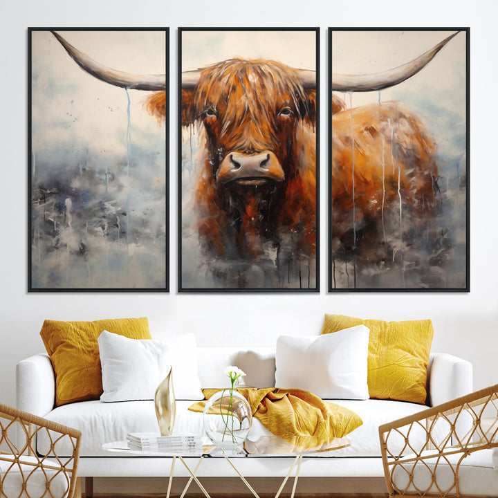 Scottish Highland Wall Art Canvas Print, Framed Longhorn Art Picture Print, Western Cow Perfect Farmhouse Decor Artwork
