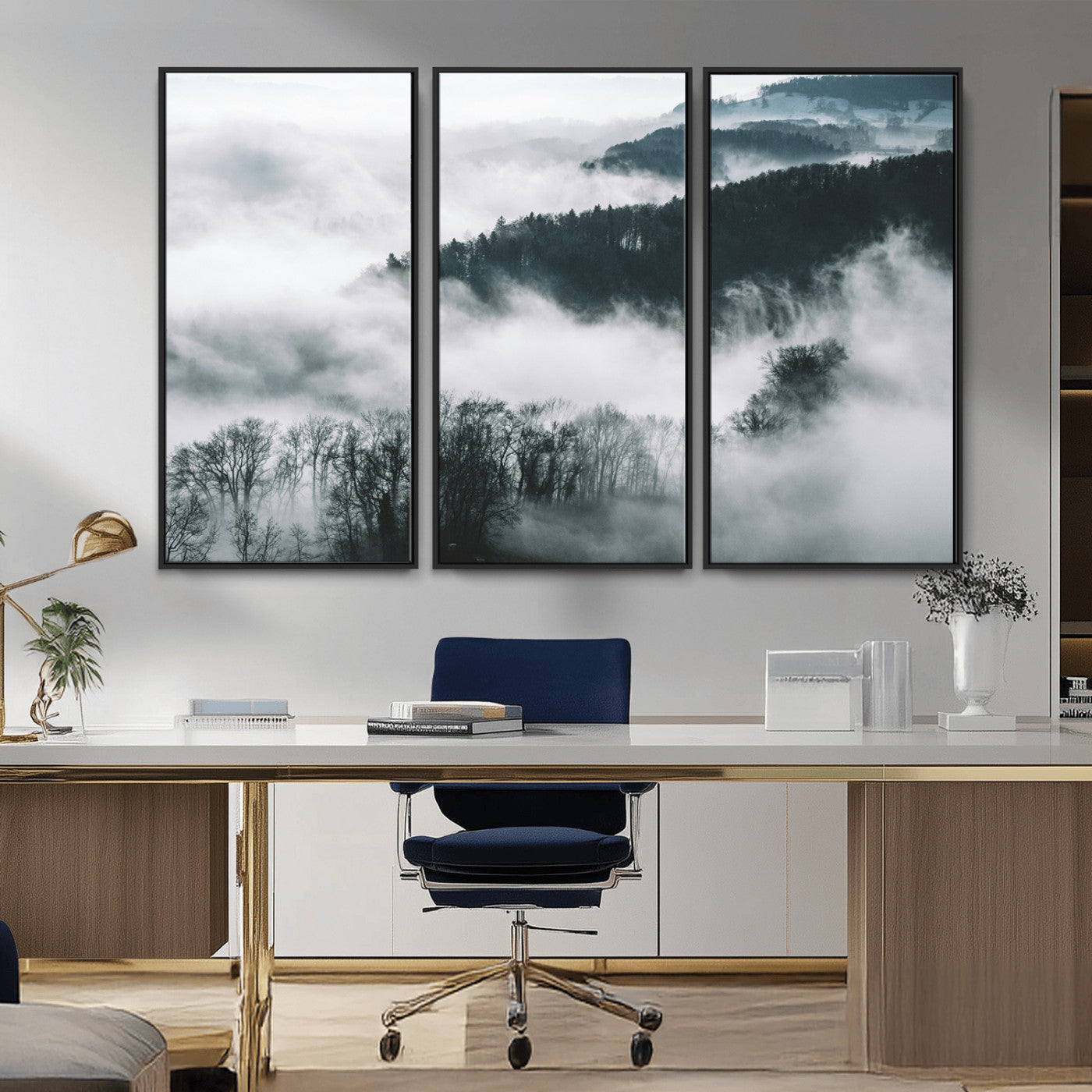 67569654-MGV-CV-36X24-Foggy Forest Landscape Wall Art Canvas Print – Misty Mountain Valley Scene in Monochrome Tones, Perfect for Minimalist or Nordic Home Decor