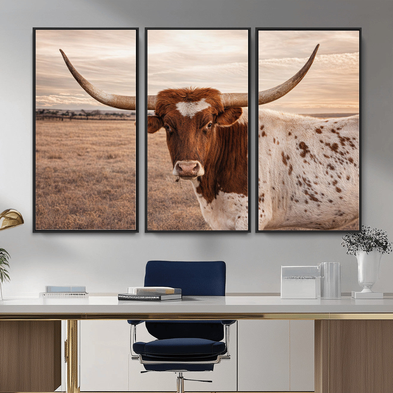 95745718-MGV-CV-36X24 - Longhorn Cow Wall Art – Texas Bull Canvas Print, Rustic Farm Cattle Photography, Western Animal Decor for Country Home, Living Room or Game Room