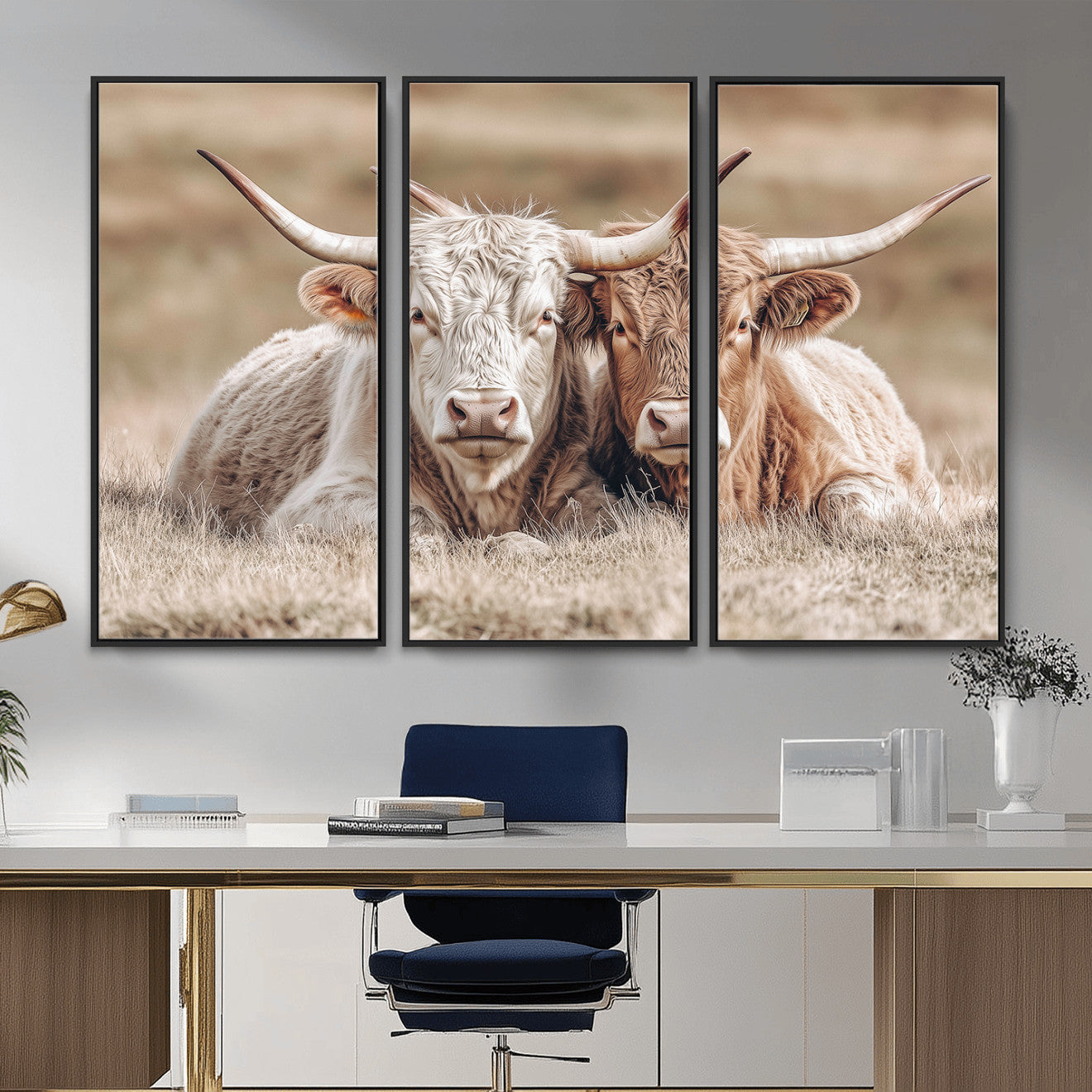 38651722-MGV-CV-36X24 - Highland Cows Meadow Canvas Wall Art – Peaceful Cow Photography Print, Rustic Farmhouse Animal Decor for Country Home, Living Room, Office