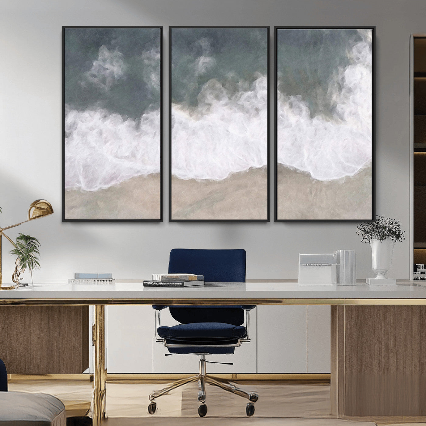 Wall art canvas print featuring foamy ocean waves softly rolling onto a sandy shore with a dreamy, painterly texture.