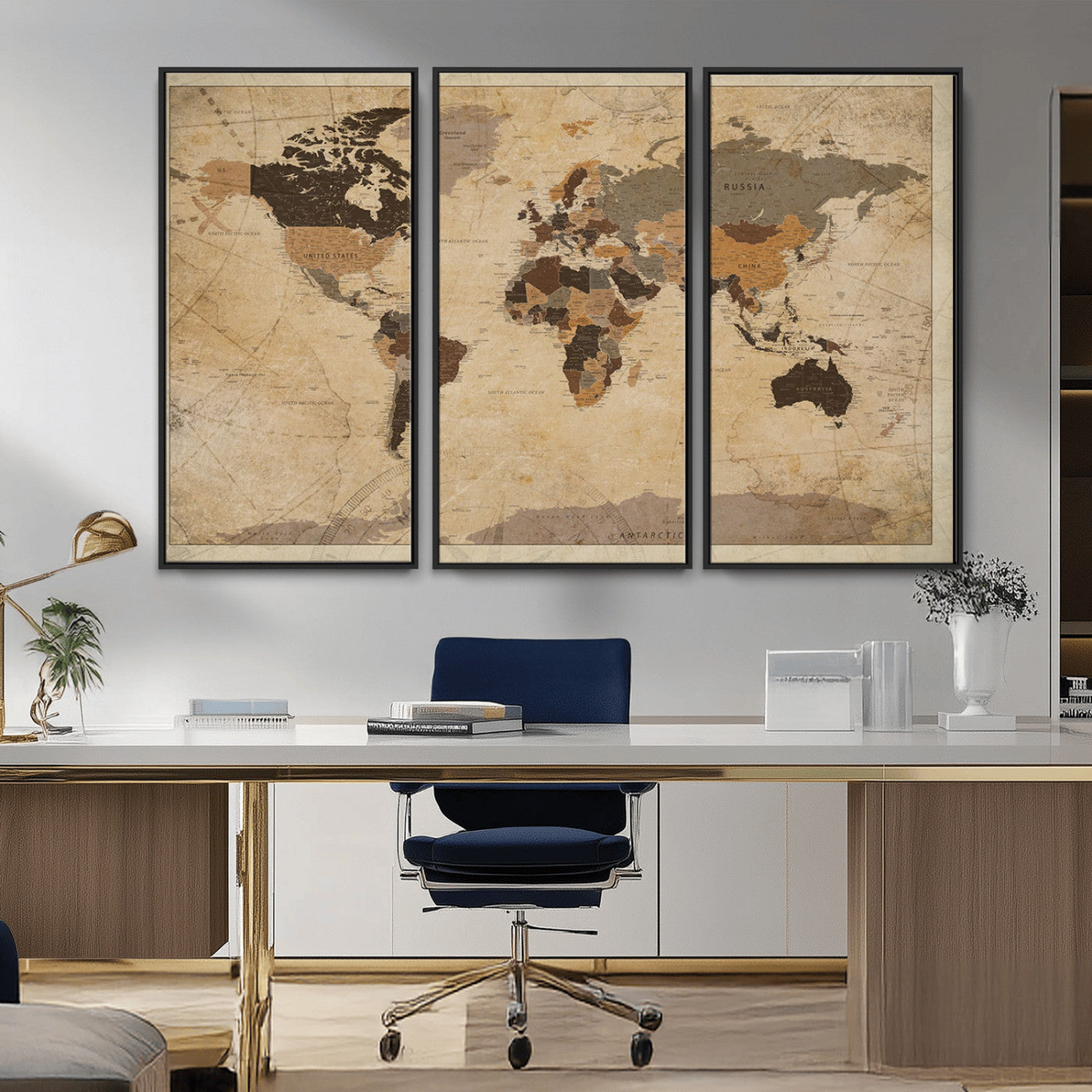 Vintage-style world map with muted brown, beige, and sepia tones, showing countries and continents with a weathered paper texture background.