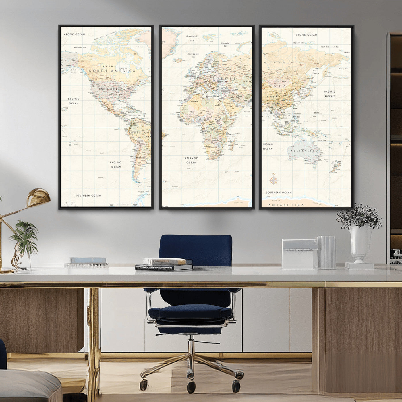 An antique-style world map showing continents, countries, and oceans with soft beige tones, detailed borders, and classic typography, enhanced by a subtle grid overlay and a vintage compass rose.