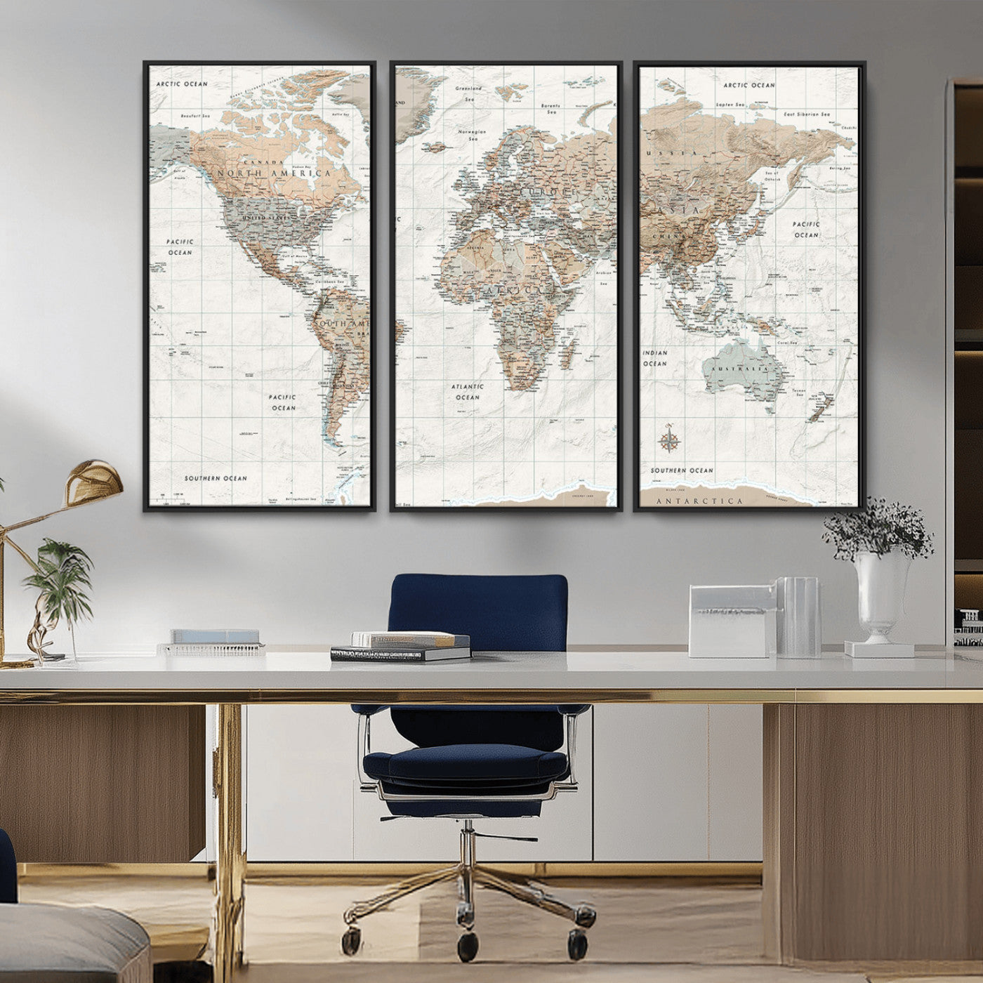 Vintage world map with detailed country borders and labels, featuring soft earthy tones of beige, brown, and gray on a textured parchment background, including oceans, continents, and major cities.