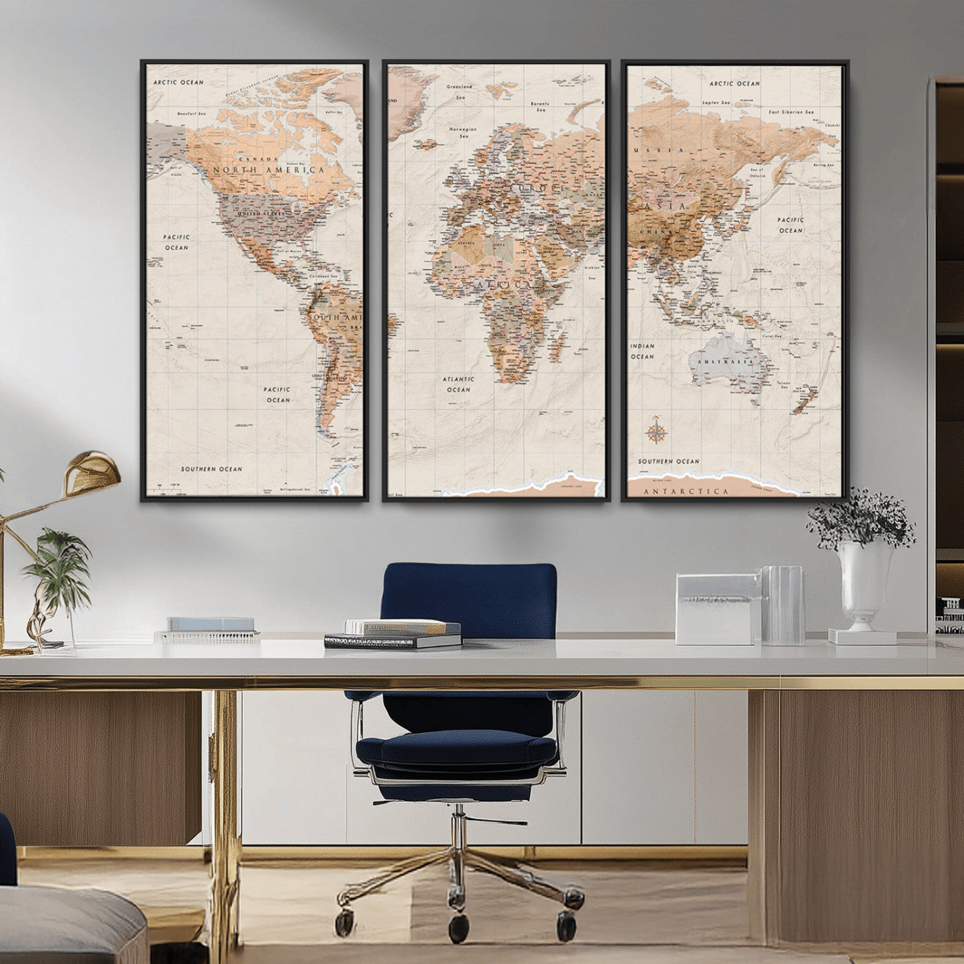Detailed vintage world map with warm earth tones showing country borders, oceans, continents, and major cities, styled with a textured parchment background.