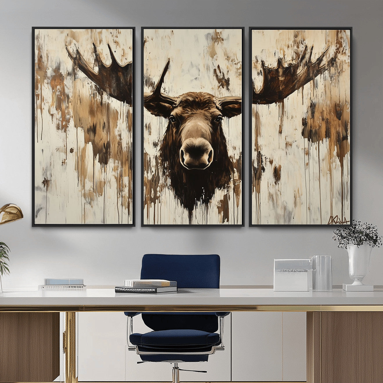 34496536-MGV-CV-36X24 - Powerful Moose Portrait Wall Art – Rich Earthy Tones, Expressive Brushstrokes, Striking Gaze, Raw Nature Vibes Decor for Home or Office