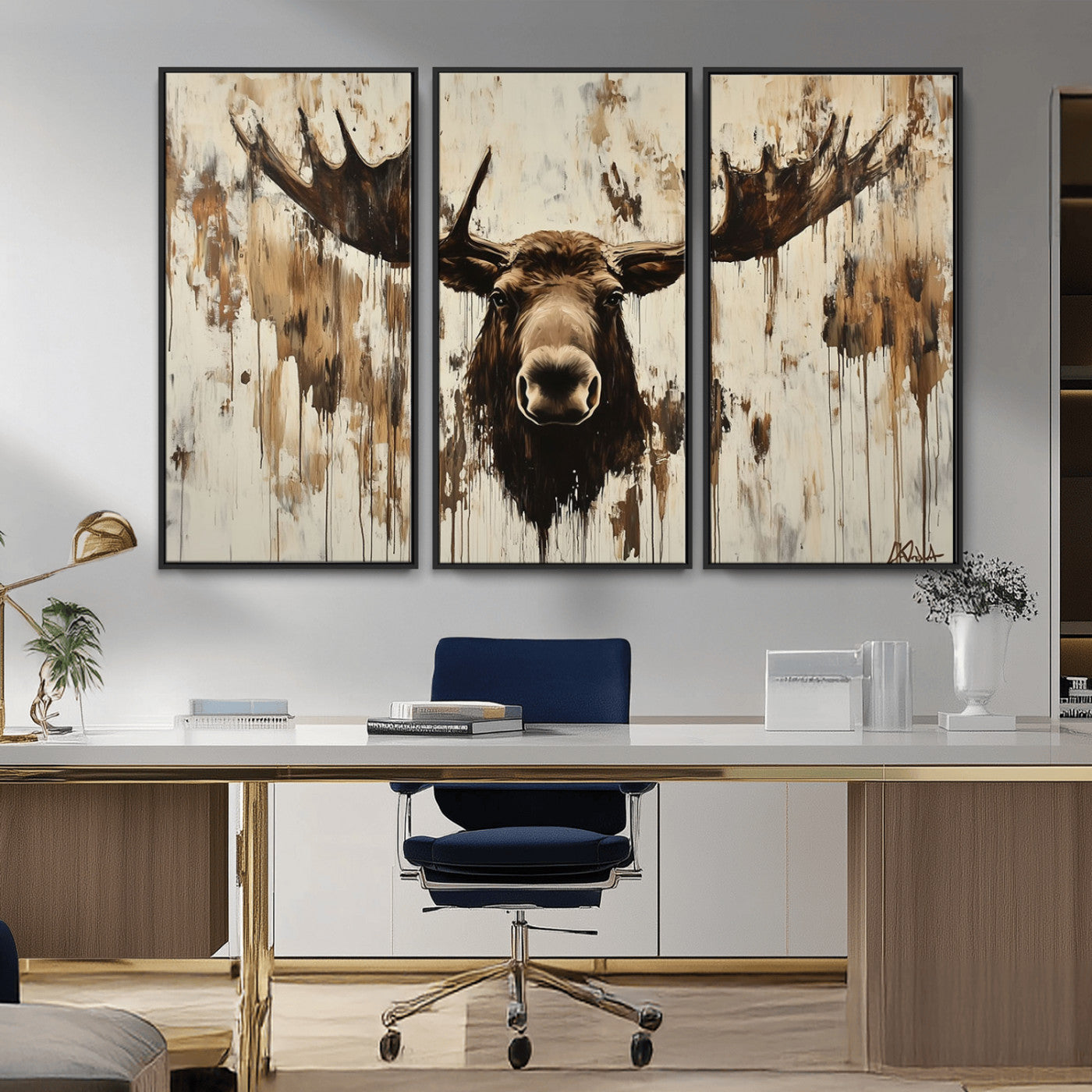 Expressive painting of a moose head with wide antlers in dark brown and beige tones, featuring paint drips and splatters on a light textured background, creating a striking rustic wall art canvas.