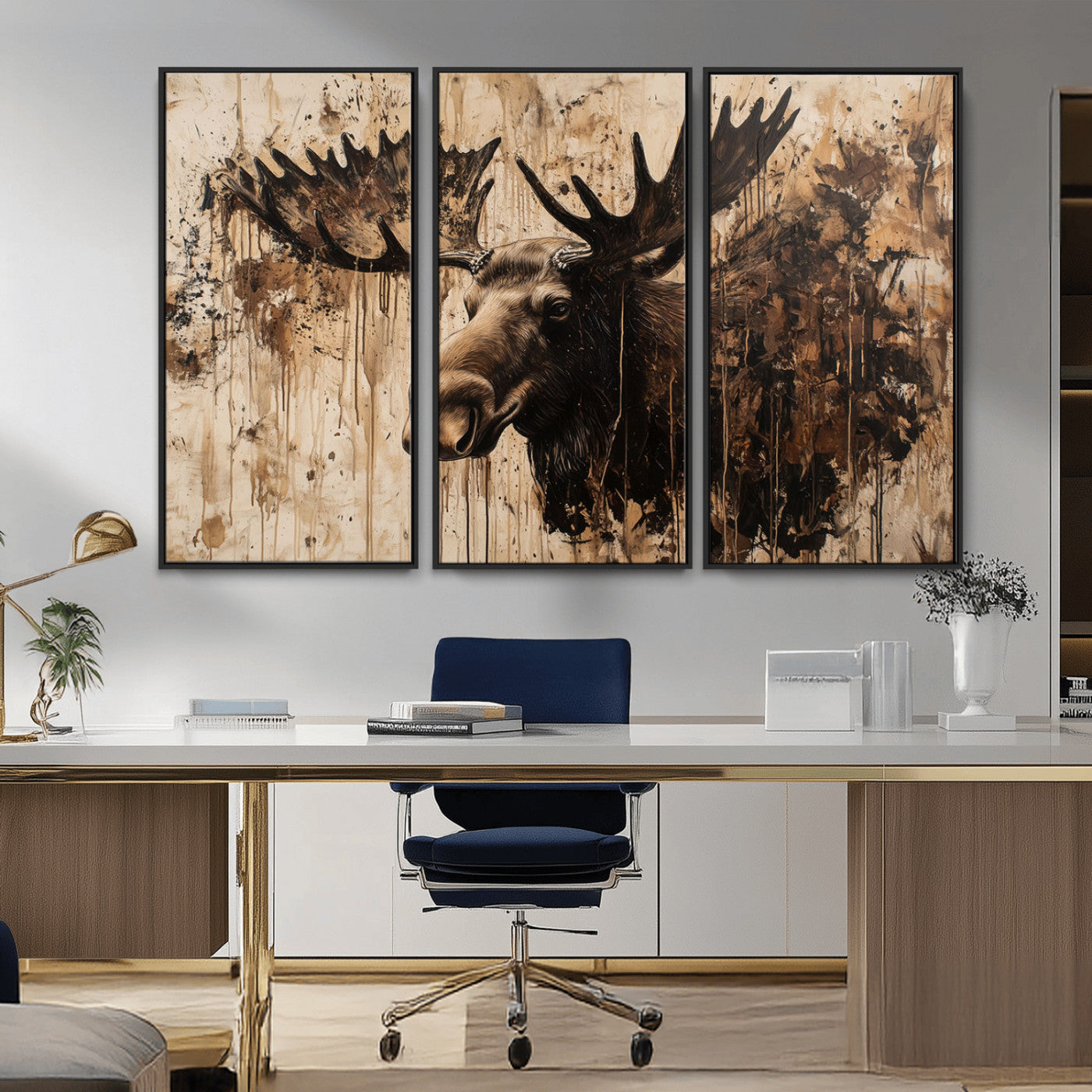 Artistic painting of a moose head with large antlers in shades of brown and black, with paint splatters and drips on a beige textured background, creating a rustic and expressive wall art canvas.