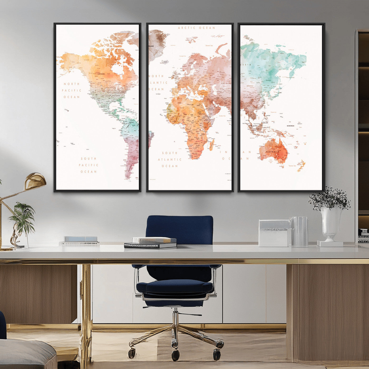 Watercolor world map featuring soft pastel hues in orange, green, blue, and purple on a light background, printed on canvas for vibrant and artistic wall decor.
