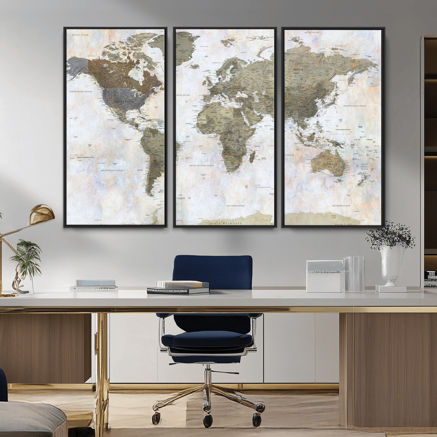 World map printed on a textured canvas with soft muted earth tones and a weathered background, showing detailed countries and continents, perfect for vintage-style wall art.