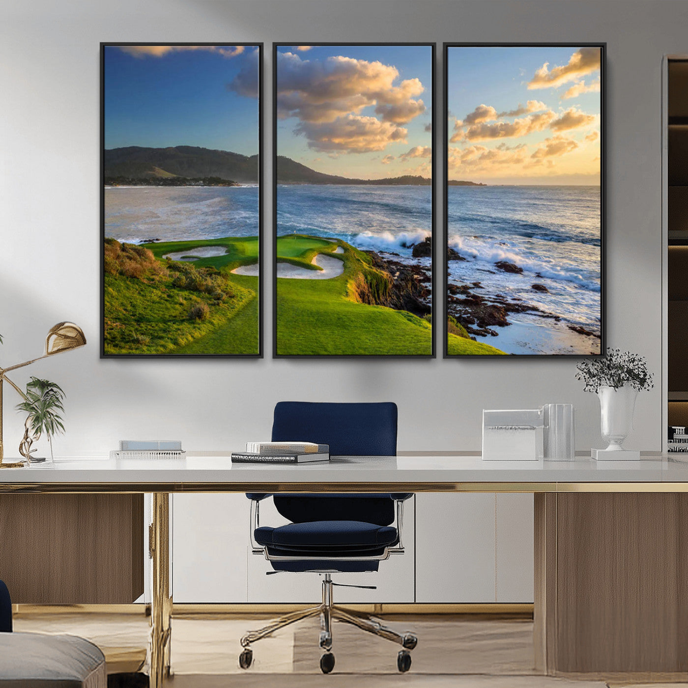 MGV-FC-48X32-3P - Pebble Beach Golf Links Wall Art Canvas Print – Iconic Coastal Golf Course Artwork, Perfect for