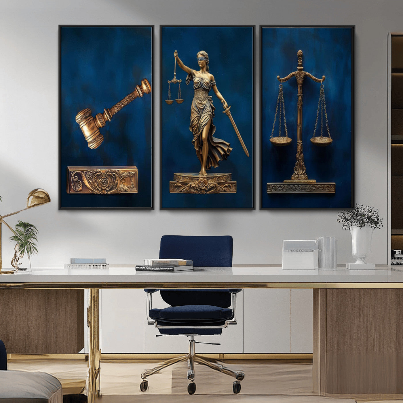 MGV-FC-48X32-3P - Lady Justice Wall Art Canvas Print – Elegant Gold Legal Symbols on Blue Background, Perfect for Law