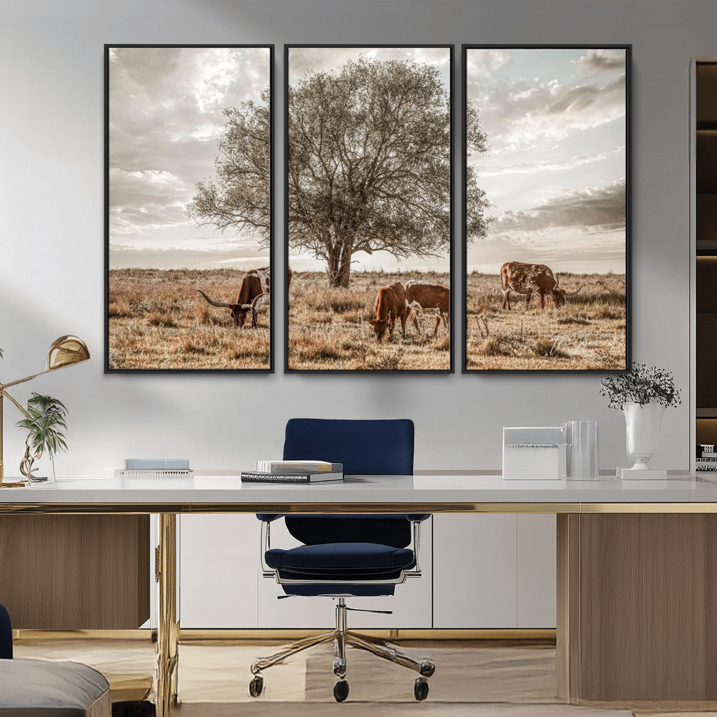 Texas Longhorn Cattle Wall Art Canvas Print – Rustic Western Ranch Scene with Steers at Sunset, Perfect for Farmhouse or Cowboy Decor