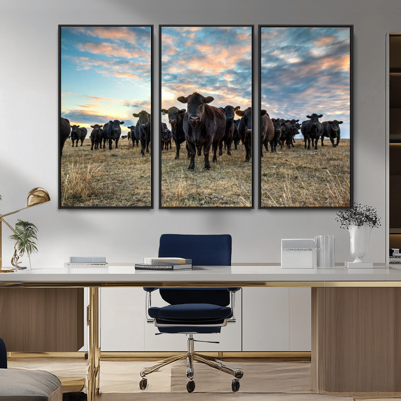 13867292-MGV-CV-36X24-Texas Longhorn Cattle Wall Art Canvas Print – Rustic Western Ranch Scene with Steers at Sunset, Perfect for Farmhouse or Cowboy Decor
