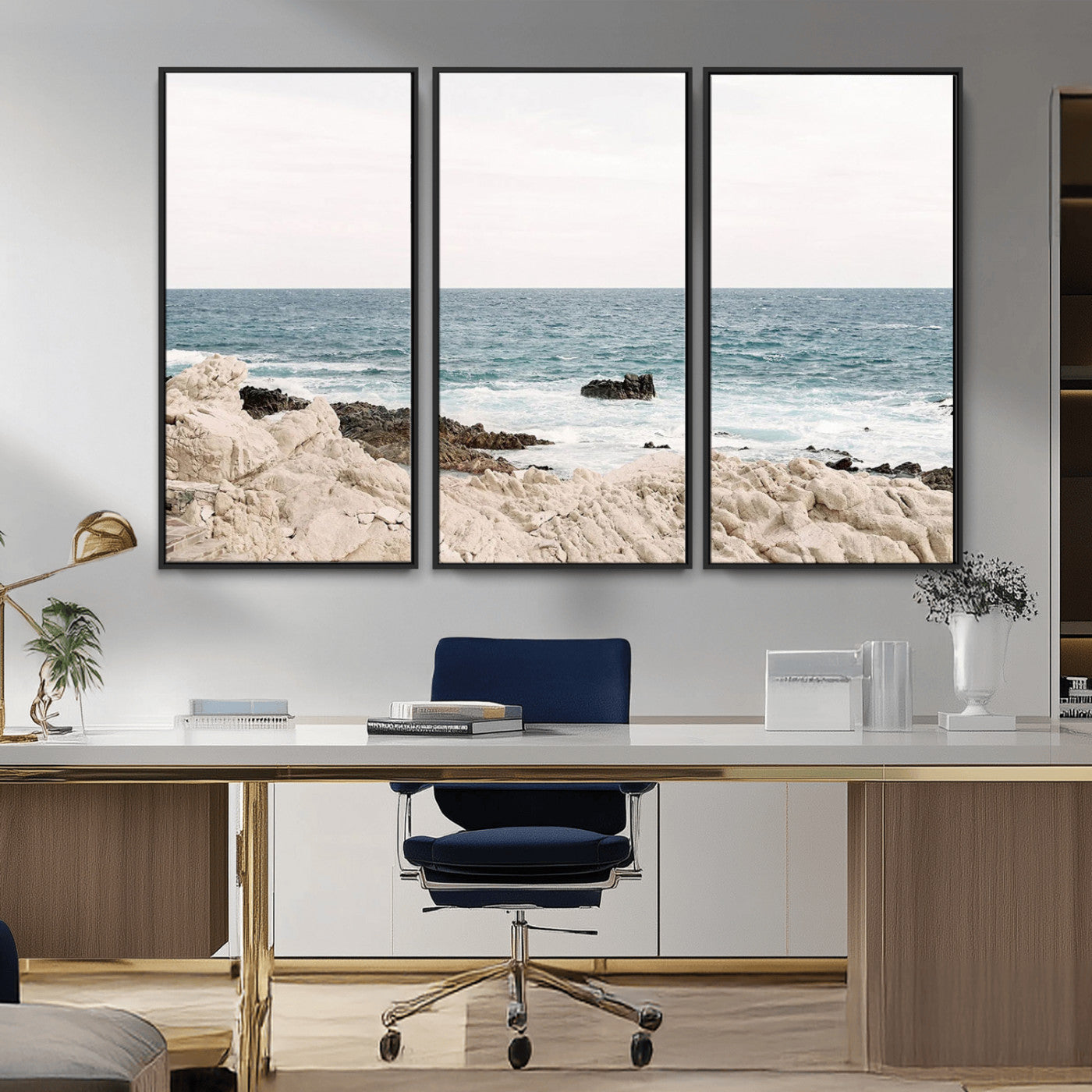25481980-MGV-CV-36X24-Coastal Ocean View Wall Art Canvas Print – Serene Rocky Shoreline and Blue Sea Photography for Coastal Chic or Minimalist Home Decor