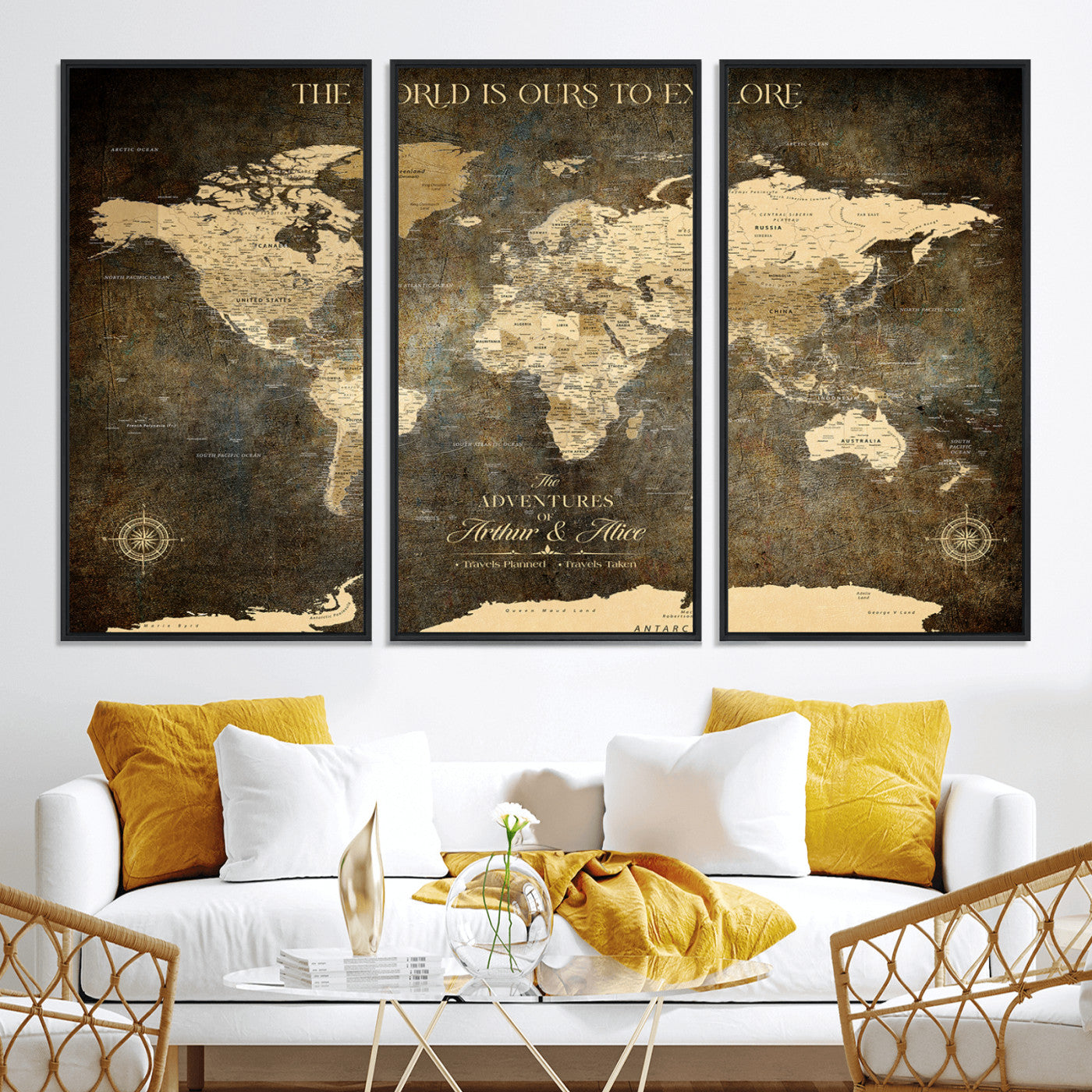 76675404-MGV-CV-36X24-Framed Push Pin World Travel Map – Canvas Wall Art for Tracking Adventures, Decorative Vintage Style Map with Pins for Home or Office - H1