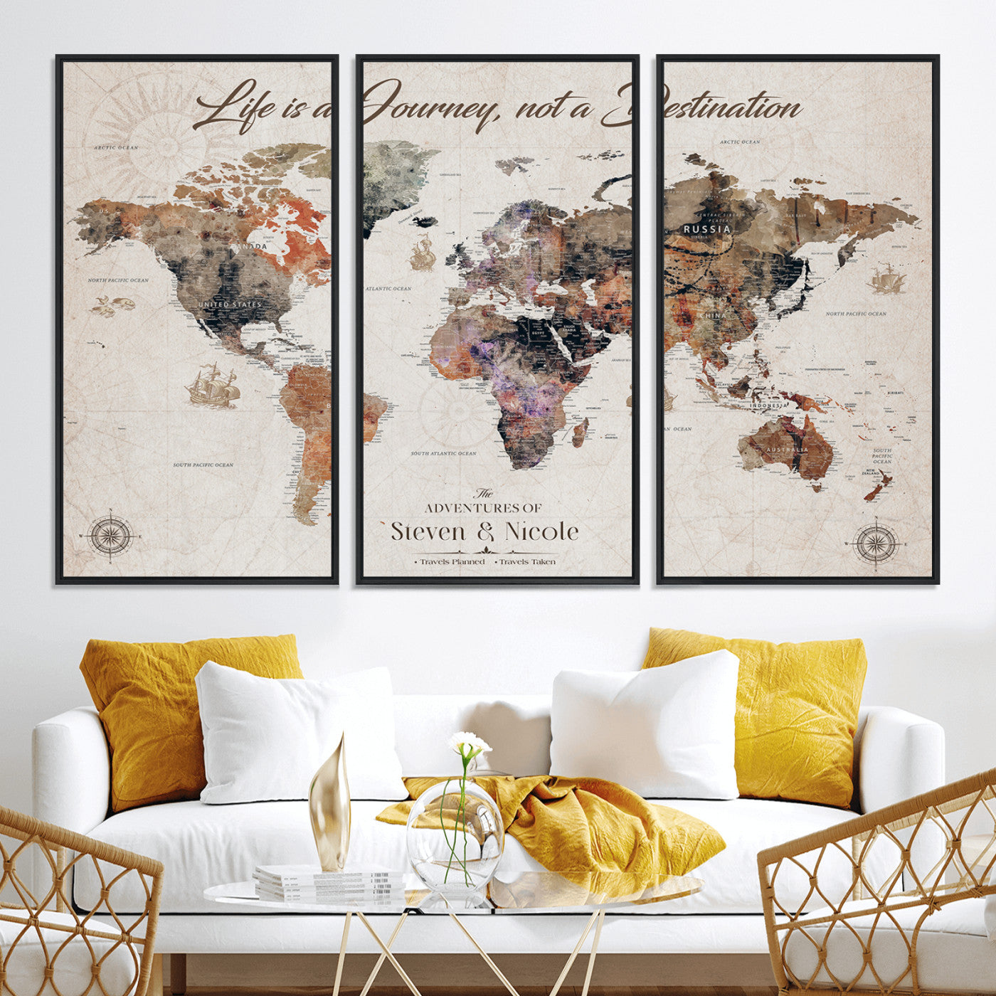 96000140-MGV-CV-36X24-Custom Push Pin World Map Wall Canvas Print – Personalized Travel Tracker with Pins – Framed Large Multi-Size Canvas for Home Office Decor