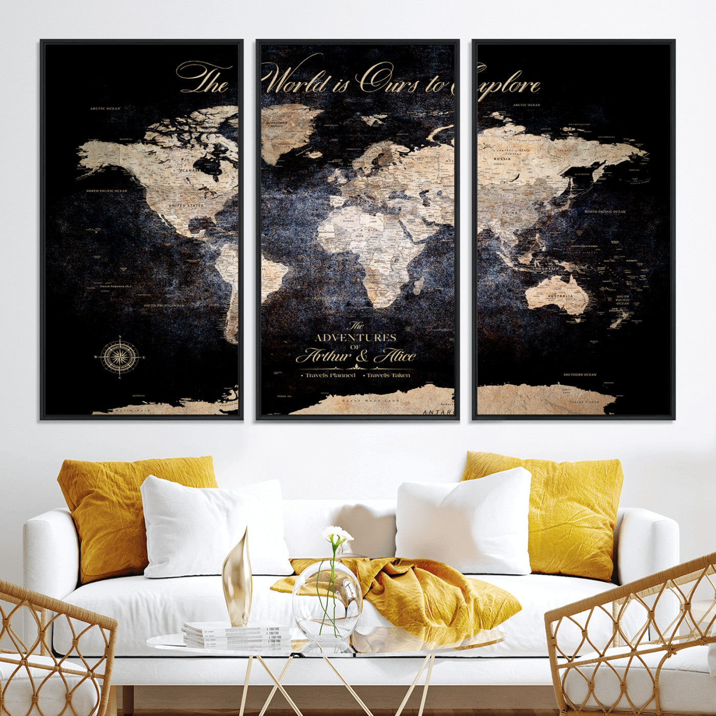 21010471-MGV-CV-36X24-Customize Push Pin World Map Wall Canvas Print, Personalized Travel Tracker with Pins, Framed Large Canvas for Home Office Decor - H37