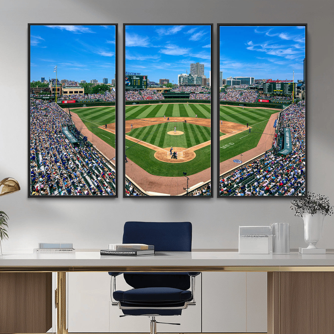 35800083-MGV-FC-48X32-3P - Wrigley Field Baseball Stadium Canvas Wall Art – Packed Crowd Sports Stadium City Skyline Artwork for Home Office