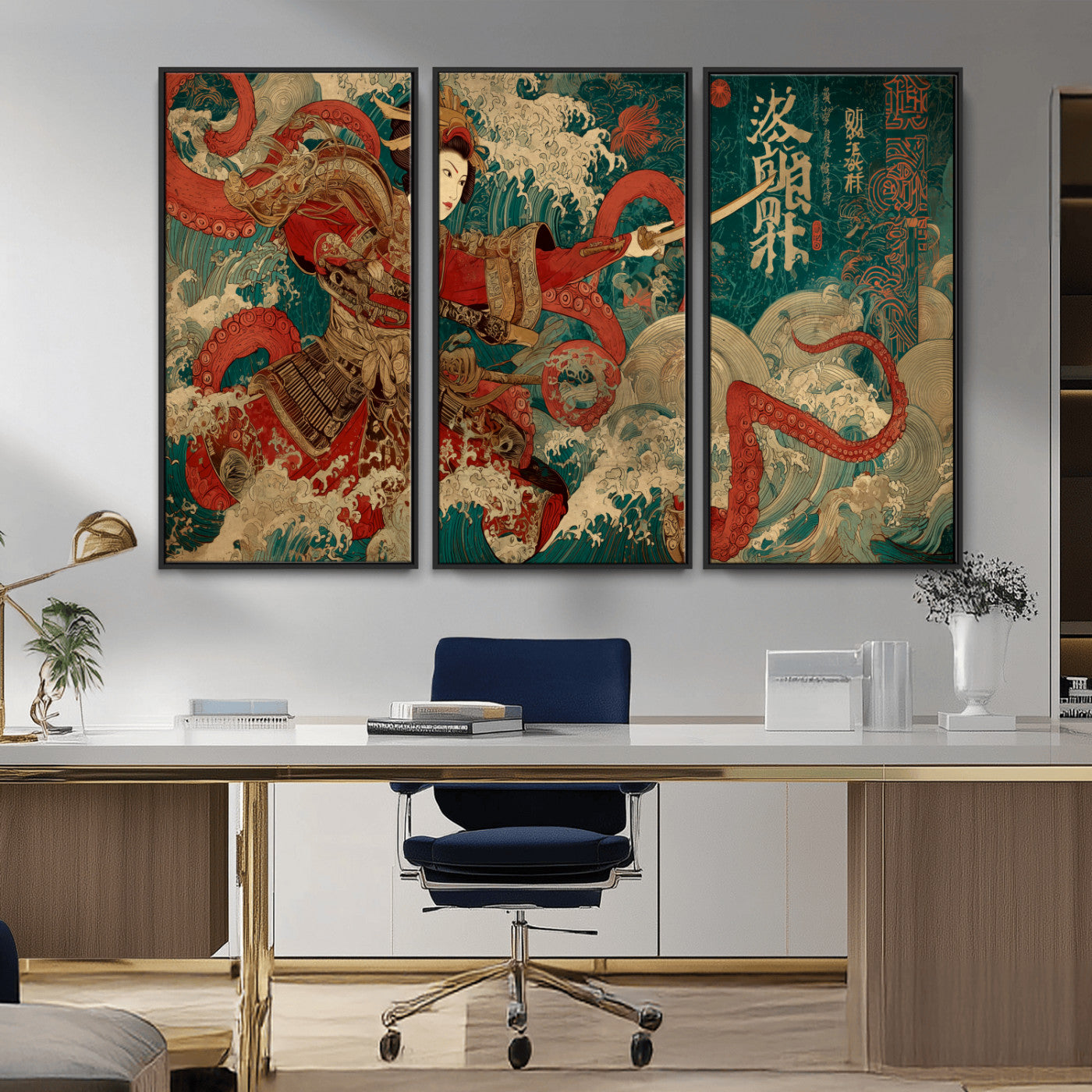 MGV-FC-48X32-3P - Tsukioka Yoshitoshi Samurai Wall Art Print, Japanese Katana Warrior Canvas Wall Art, Octopus Sea Monster Canvas Print,