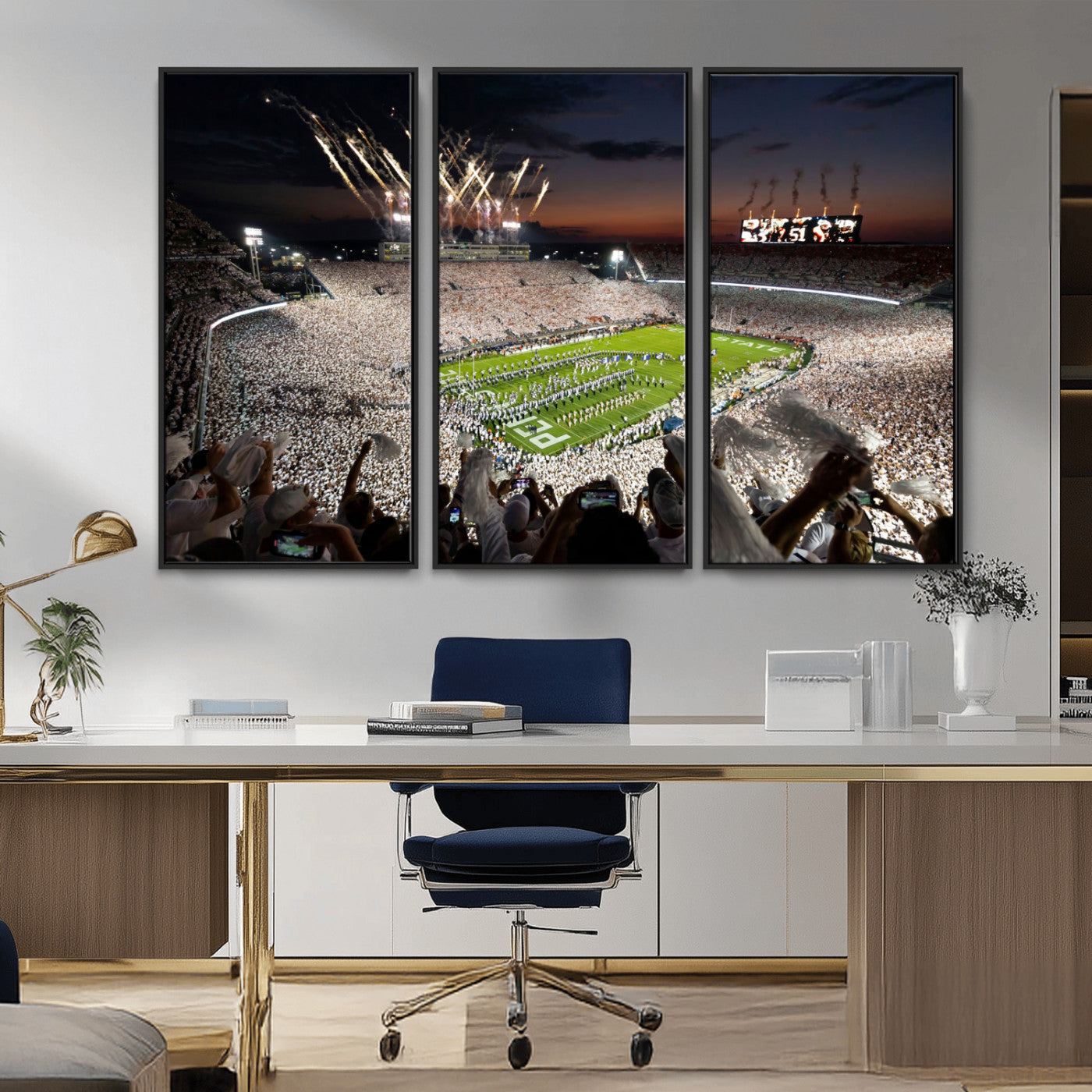 MGV-FC-48X32-3P - Penn State Stadium Wall Art Print, White Out Football Game Canvas Wall Art, Framed Sports Stadium,