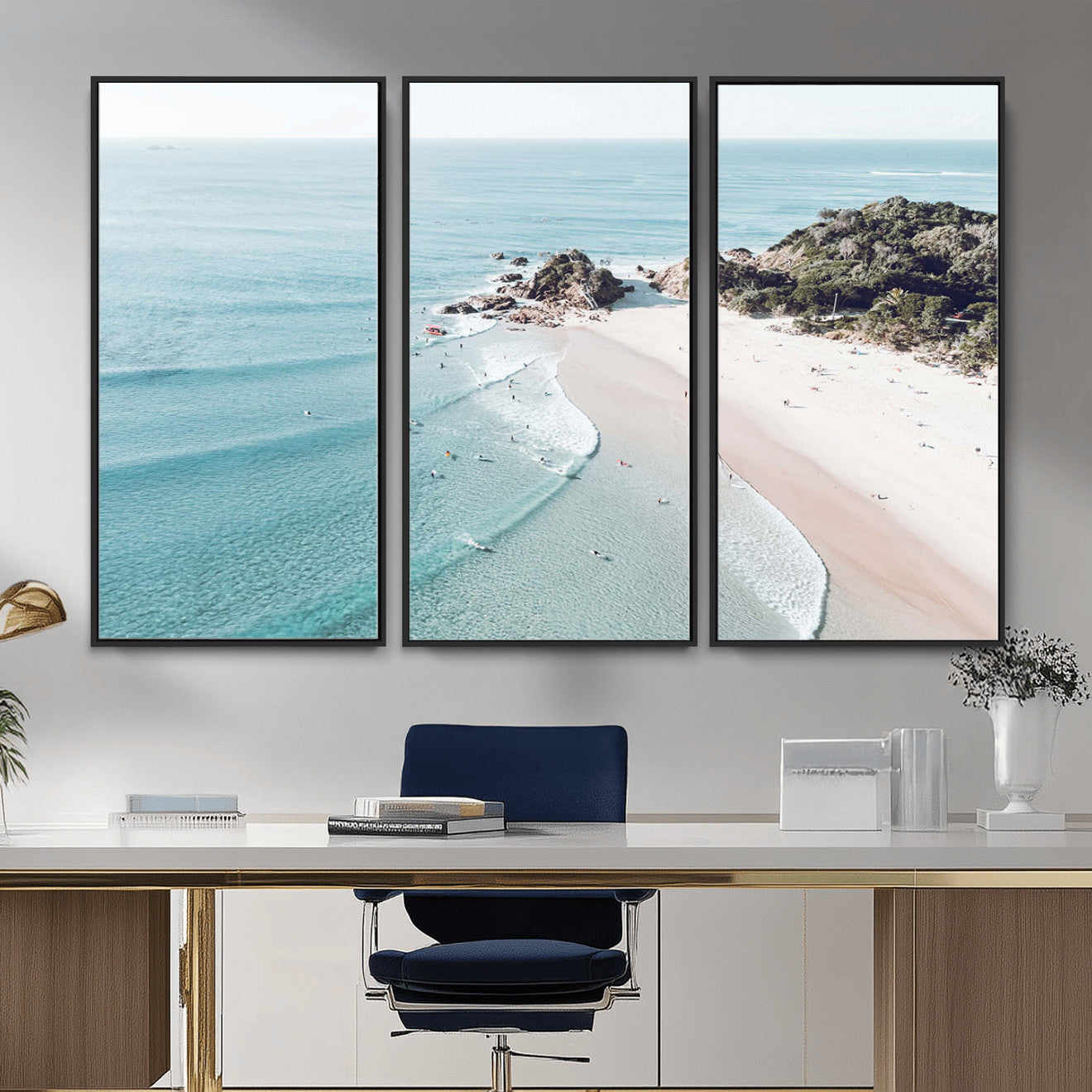 79395467-MGV-CV-36X24 - Aerial Beach Wall Art Canvas Print, Coastal Ocean Waves and Surfers Scenic Seaside Artwork for Home, Office Decor