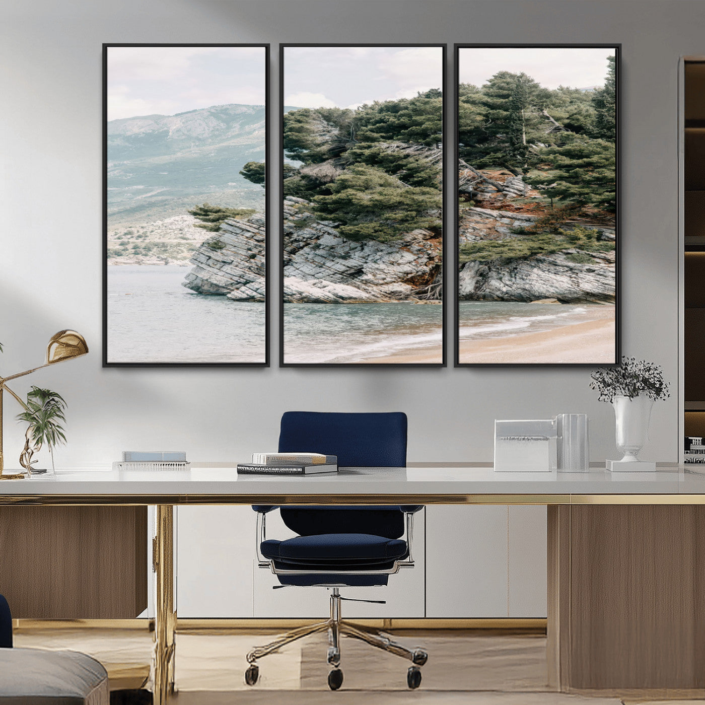 MGV-FC-48X32-3P - Coastal Rock Canvas Wall Art Print, Scenic Beach Landscape, Pine Trees on Rocky Cliff, Large Nature