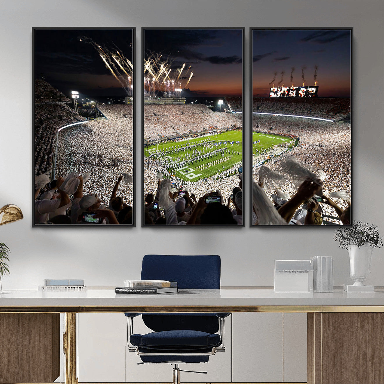 11221988-MGV-FC-48X32-3P - Epic Night Football Stadium Wall Art Canvas Print, Fireworks and Crowd Energy Game Day Excitement Decor for Home, Office