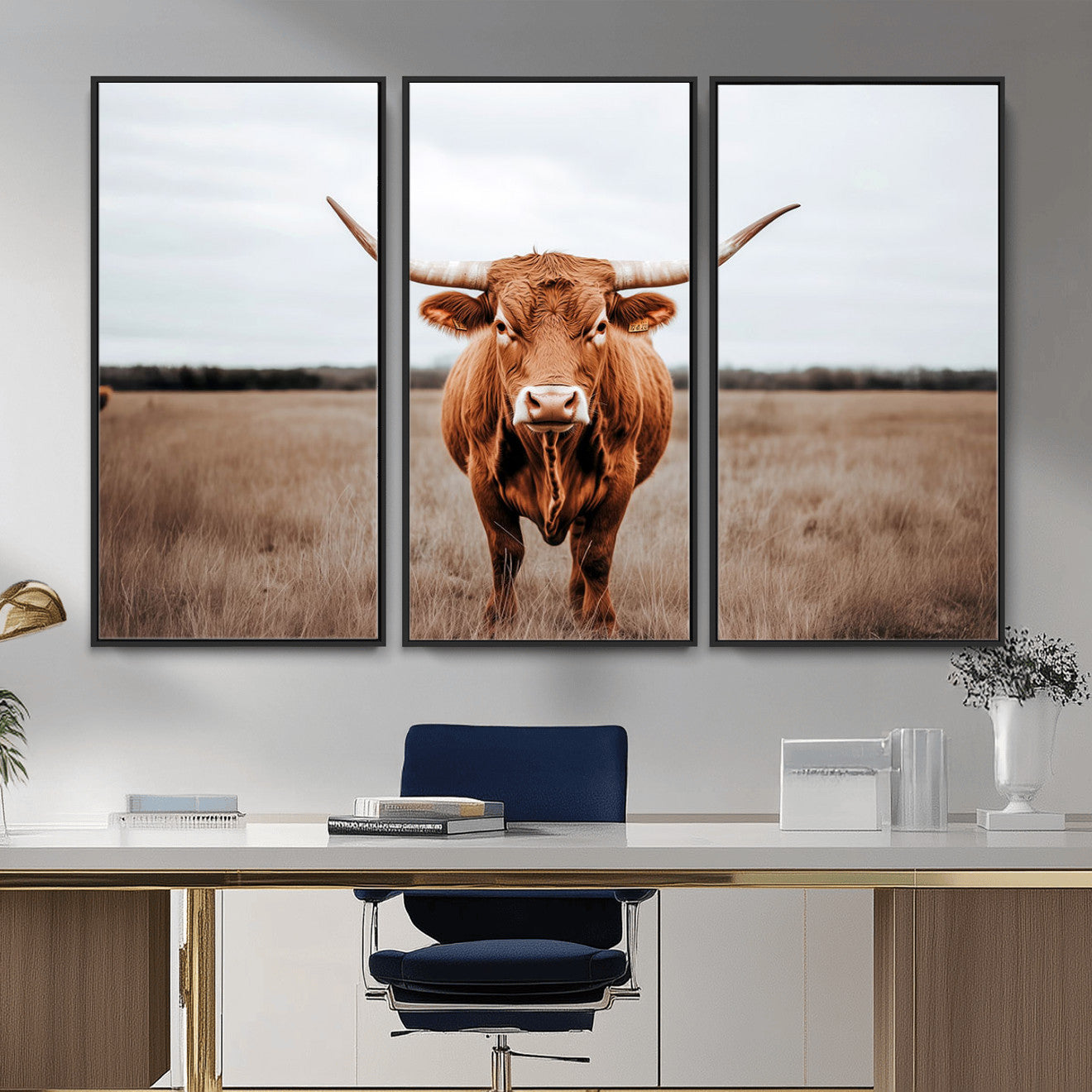 16316734-MGV-FC-48X32-3P - Longhorn bull, open field, rustic charm, natural beauty, Wall Art Canvas Print, countryside,