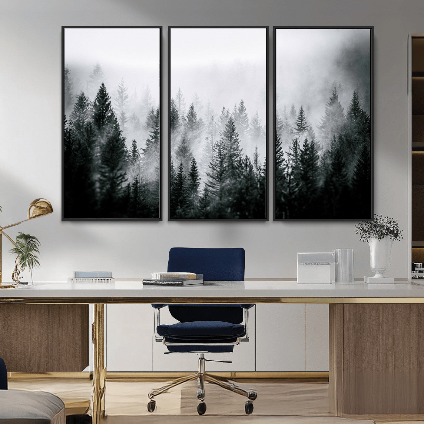 MGV-FC-48X32-3P - Foggy Pine Forest Canvas Wall Art – Black and White Nature Landscape Print, Horizontal Canvas for