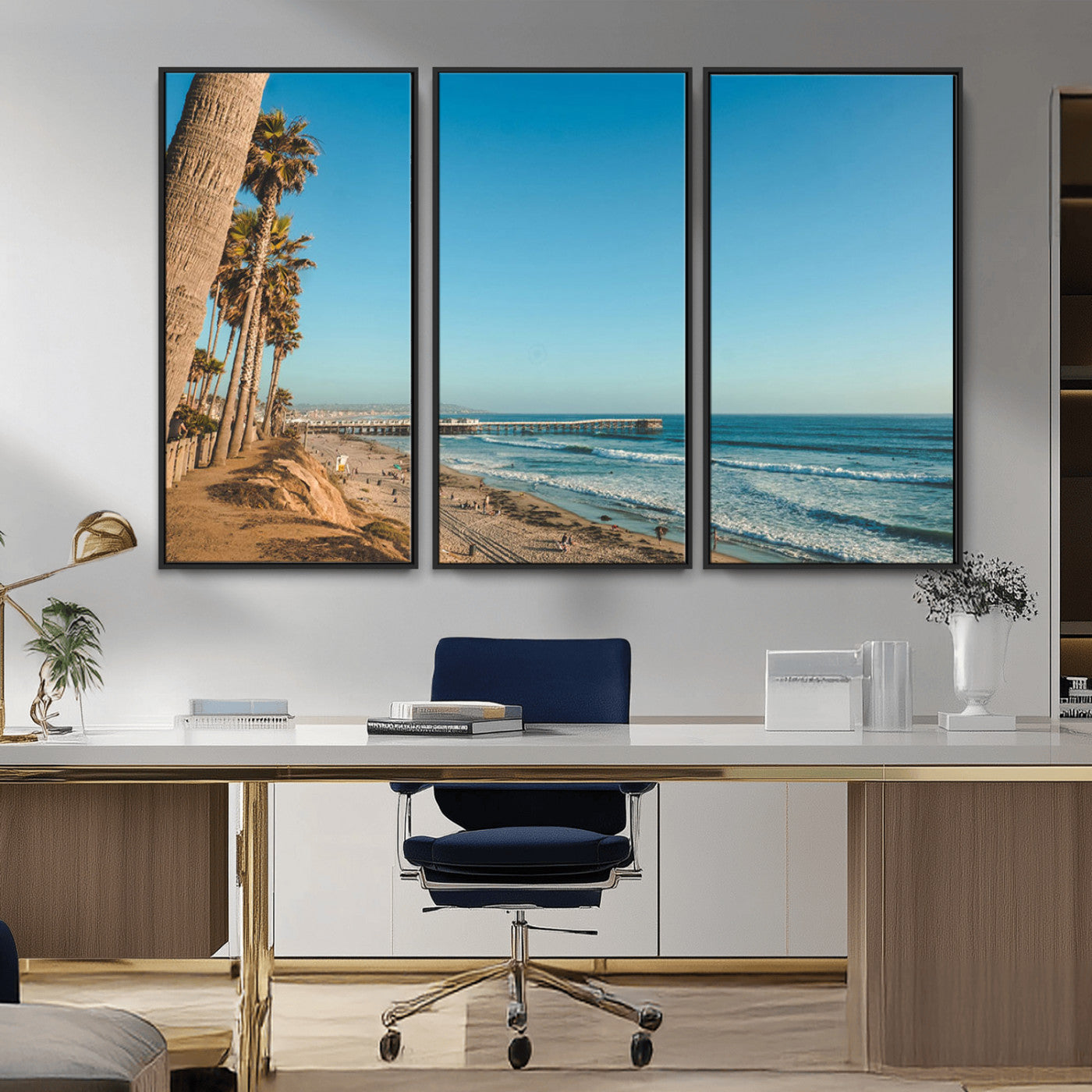 MGV-FC-48X32-3P - Scenic Beach with Tall Palm Trees, Sandy Shore, and Long Pier Stretching into the Calm Ocean Under