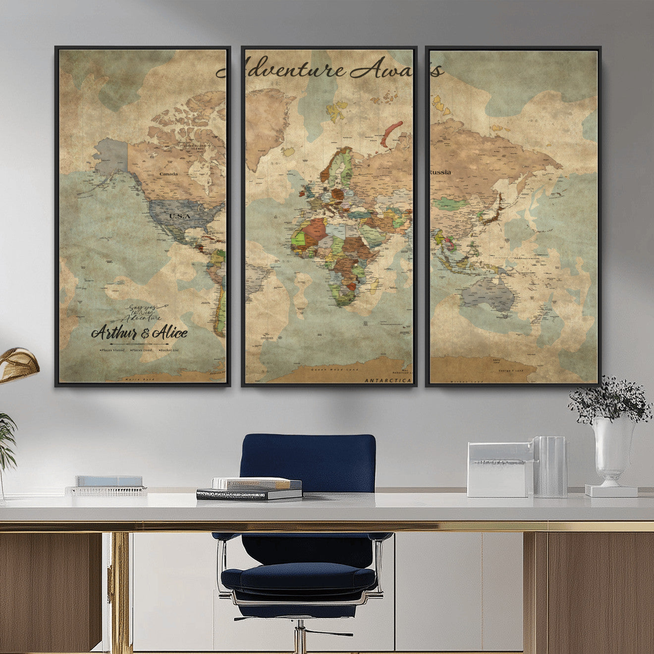 MGV-FC-48X32-3P - Personalized World Map Wall Art Canvas Print – Custom Push Pin Travel Map for Couples, Families, or Office Décor