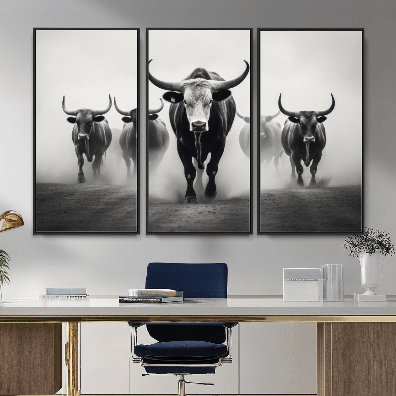 N34534C-MGV-FC-48X32-3P - Texas Bighorn Cow Hern Wall Art Canvas Print, Longhorn Cow Large Wall Art