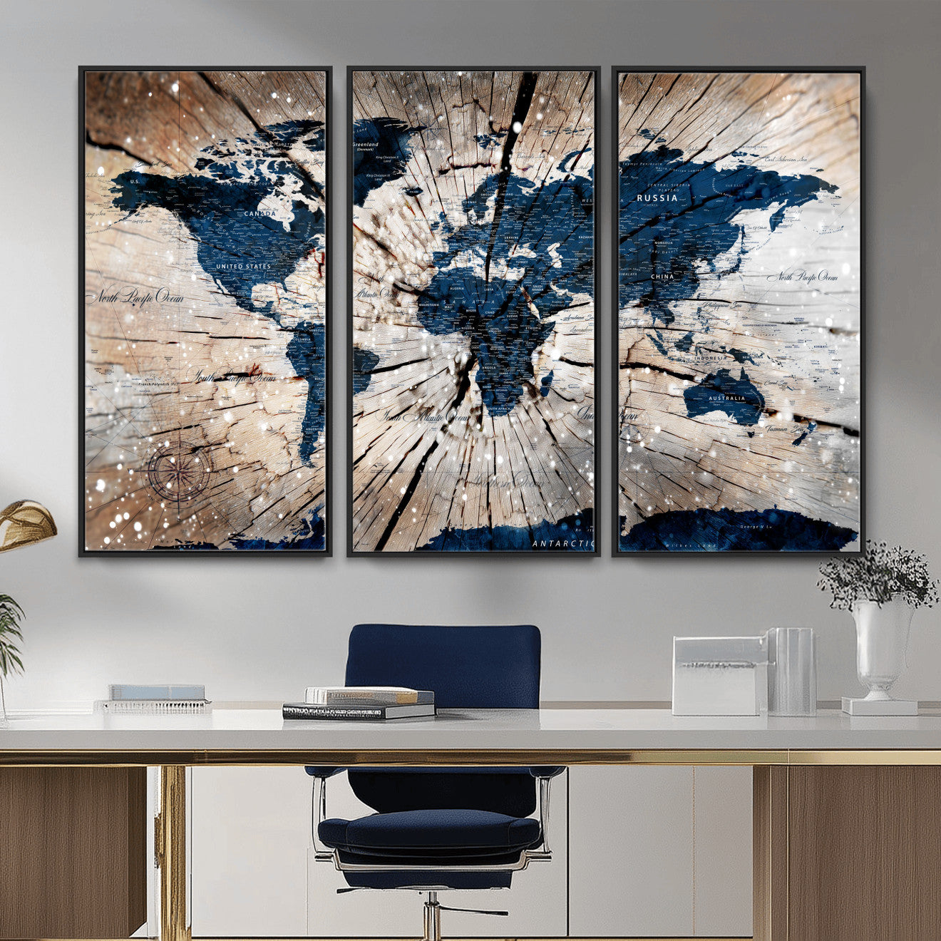 99001695-MGV-FC-48X32-3P - World Map Wall Art Canvas Print, Modern Decorative Framed Map Artwork Prints for Living Room, Office, Bedroom Wall Decor