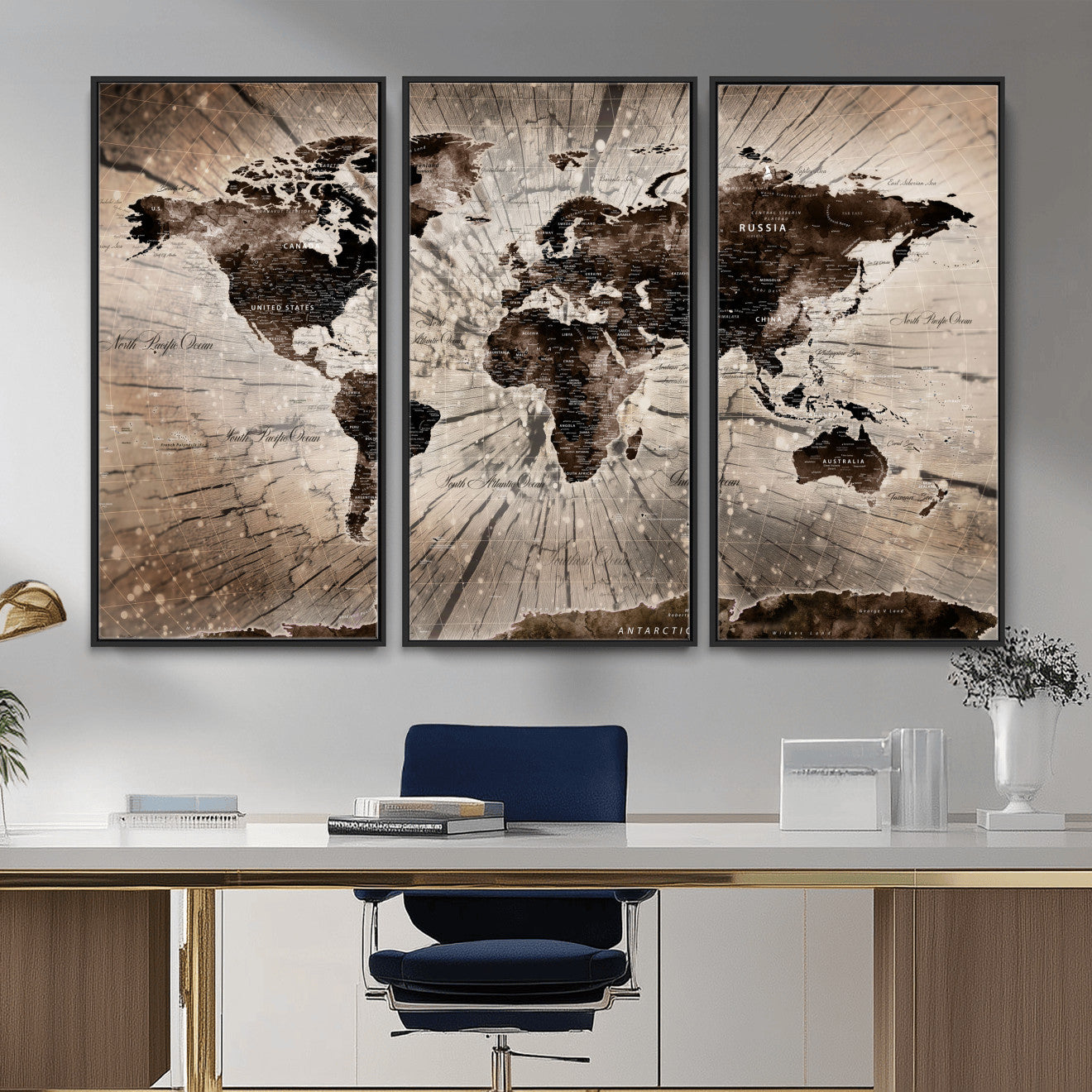 35326624-MGV-FC-48X32-3P - World Map Wall Art Canvas Print, Modern Decorative Framed Map Artwork Prints for Living Room, Office, Bedroom Wall Decor