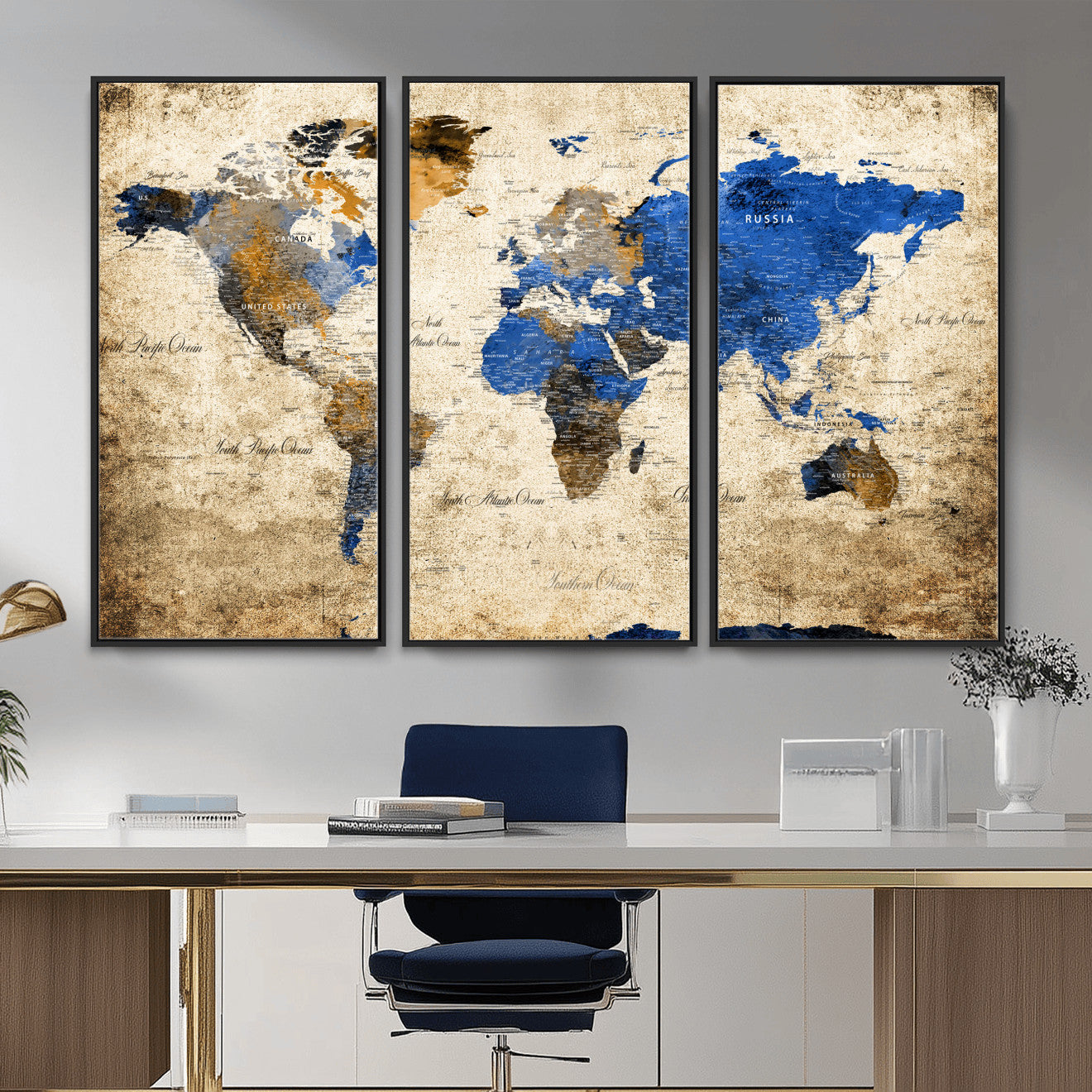 13564339-MGV-FC-48X32-3P - World Map Wall Art Canvas Print, Modern Decorative Framed Map Artwork Prints for Living Room, Office, Bedroom Wall Decor