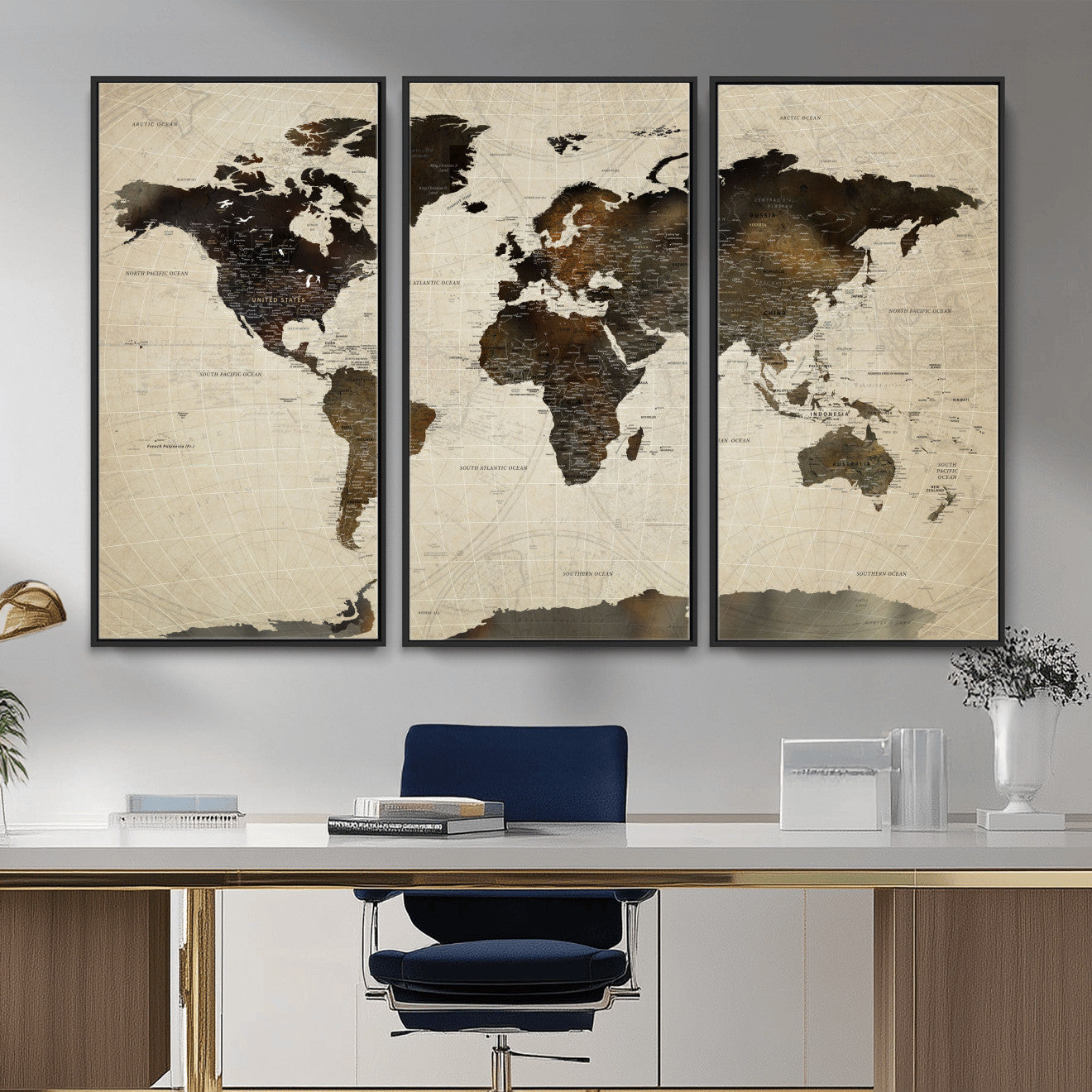 81771296-MGV-FC-48X32-3P - World Map Wall Art Canvas Print, Modern Decorative Framed Map Artwork Prints for Living Room, Office, Bedroom Wall Decor